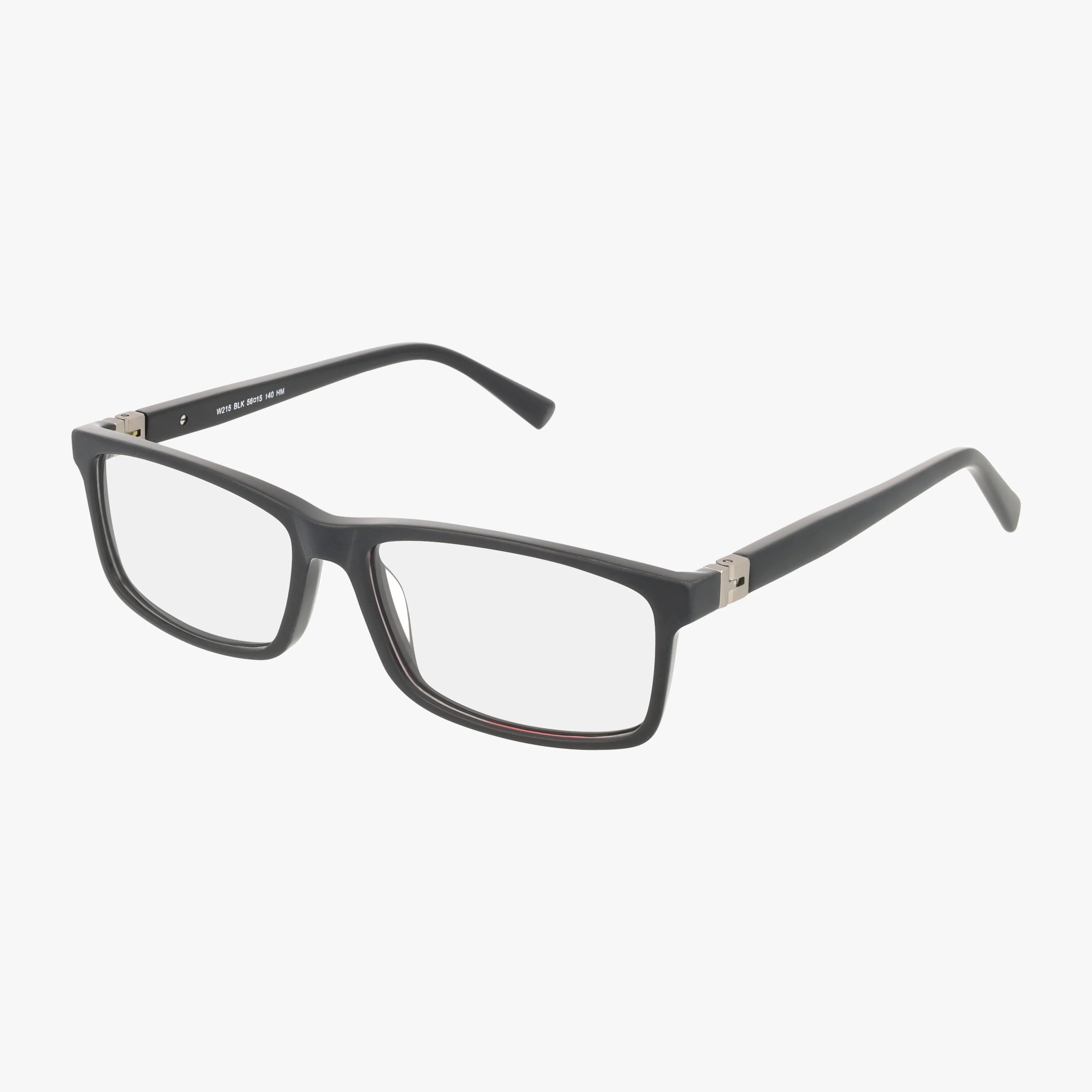 The W215 are black rectangular eyeglasses with a stylish frame, clear lenses, and metal hinge accents. Crafted from modern materials, they are showcased on a white background.
