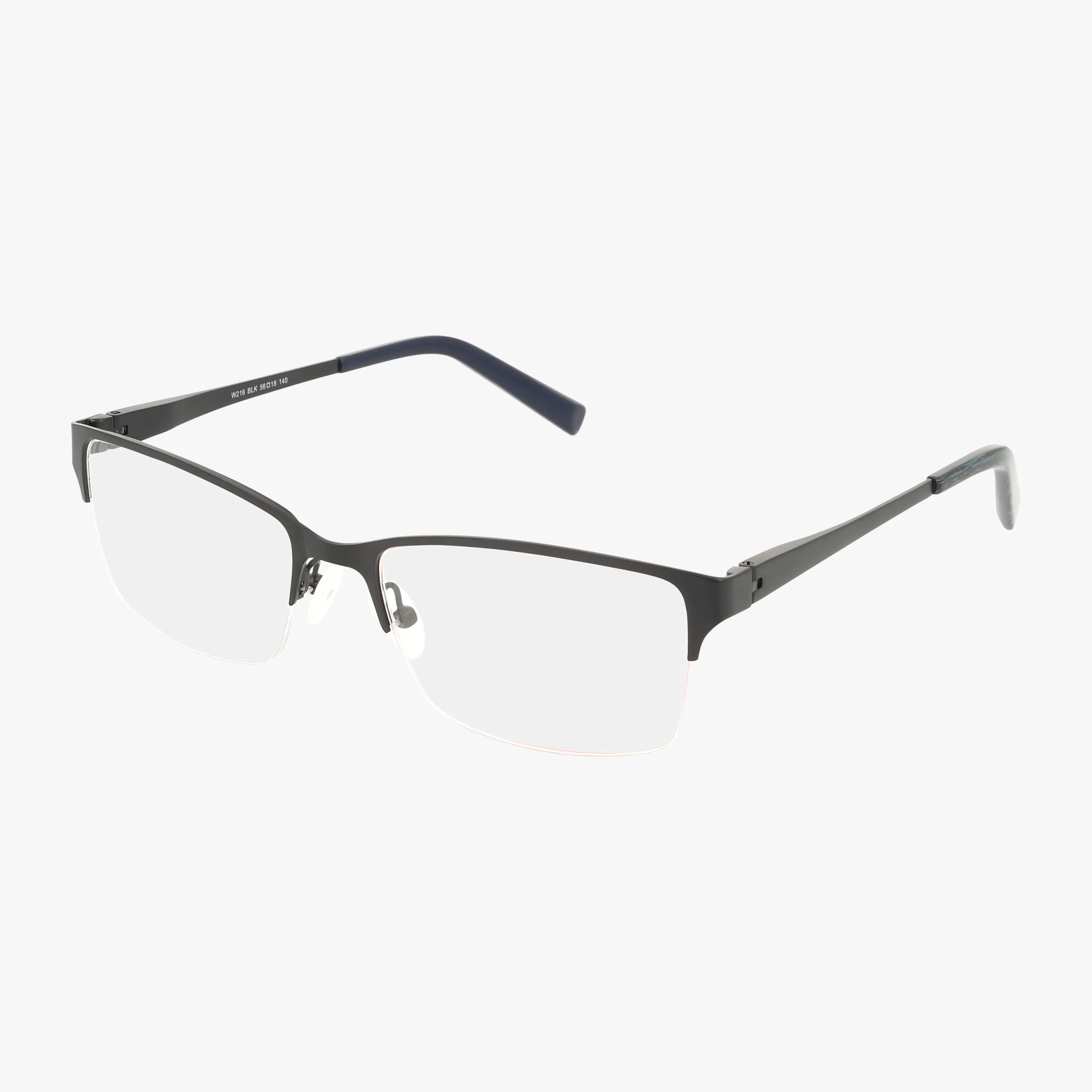 The W216 semi-rimless eyeglasses feature a resilient thin dark metal frame, clear lenses, and blue-tipped temple arms for a modern look, shown on a white background.