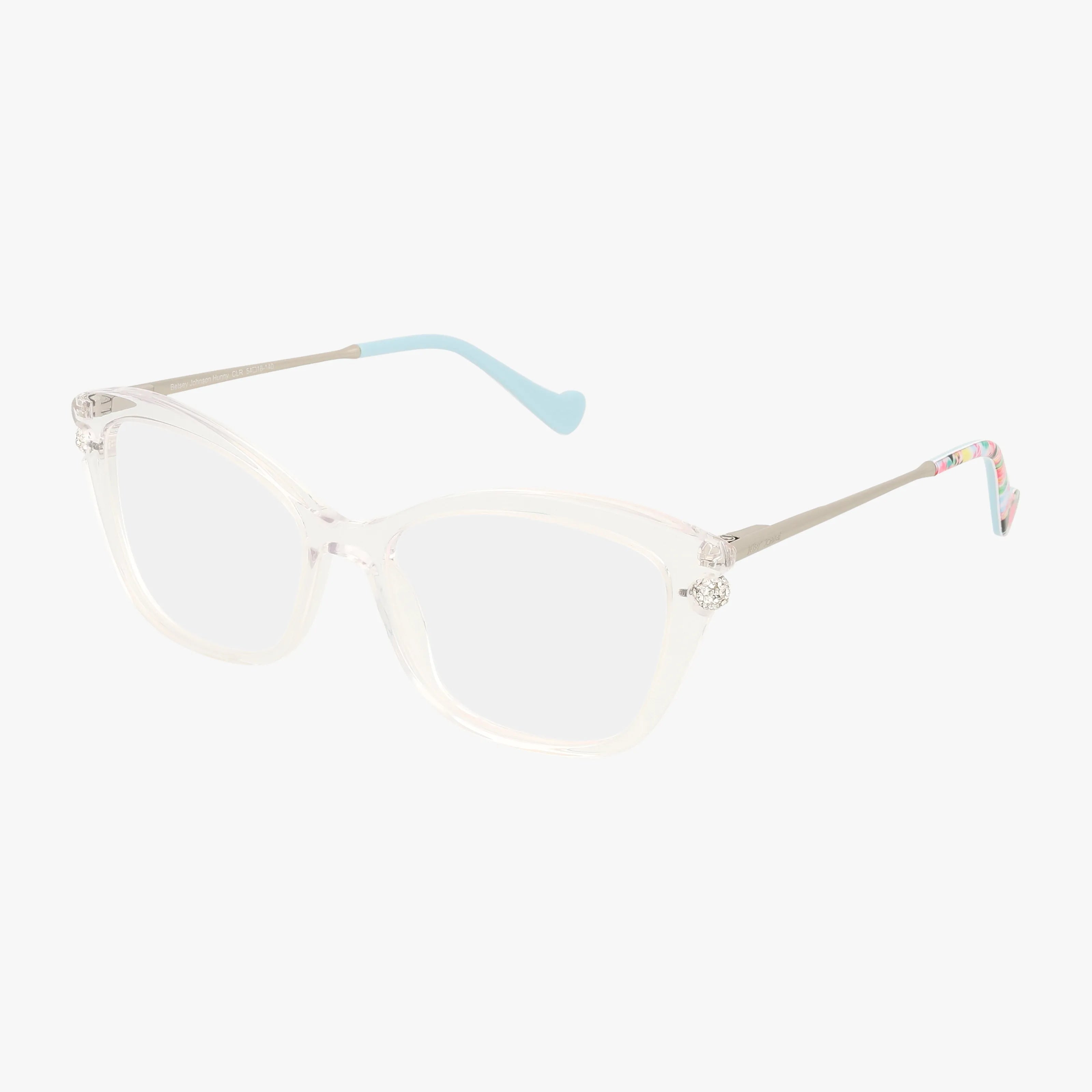 The Betsey Johnson HUNNY glasses feature clear, square-shaped frames with metal arms, light blue tips, multicolored sparkle at the ends, transparent lenses, and decorative accents on the hinges.