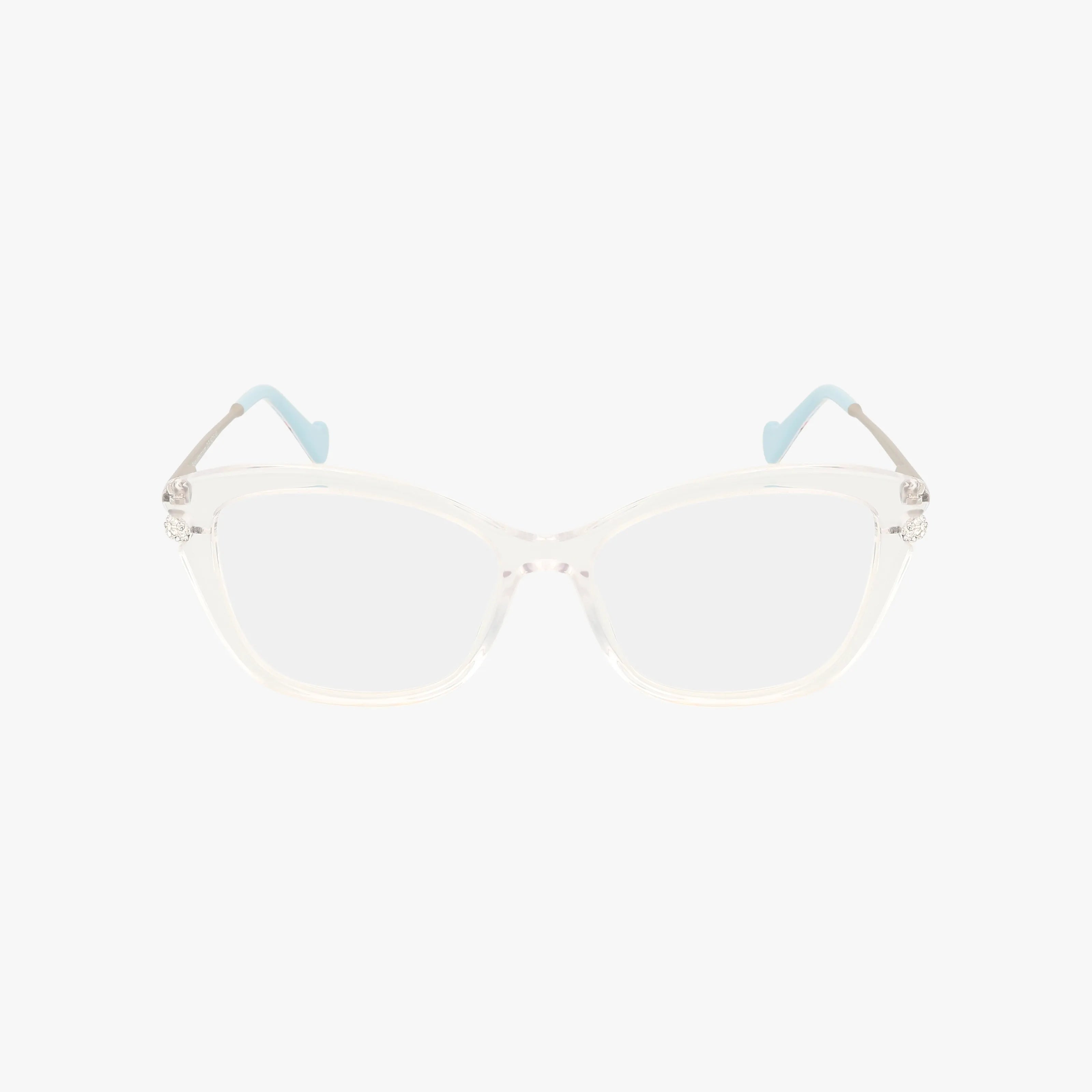 HUNNY eyeglasses feature clear, rectangular lenses in transparent Betsey Johnson frames with light blue tips, adding a subtle sparkle, and are displayed against a plain white background.