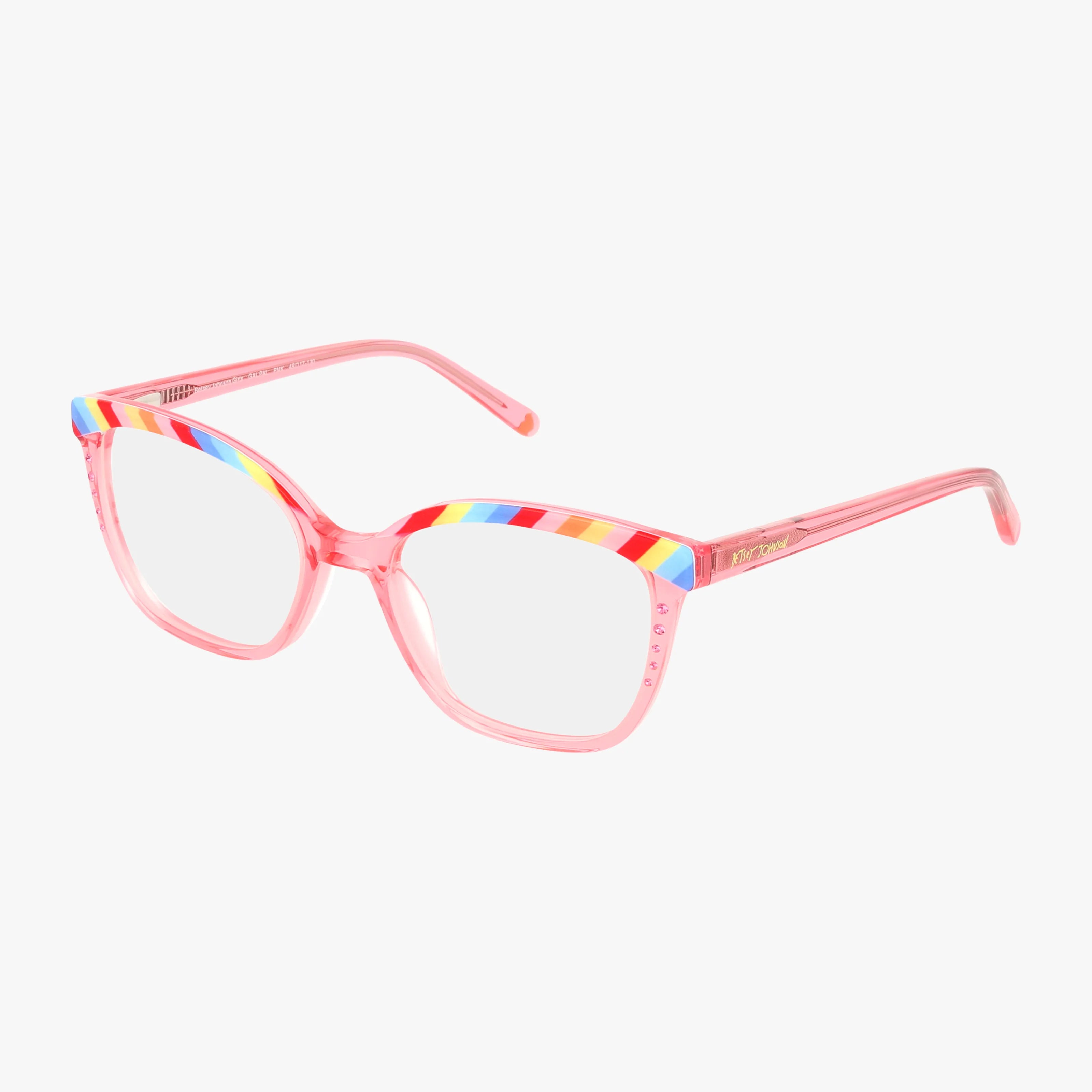 GAL PAL eyeglasses feature a stylish pink frame with a transparent finish and multicolored stripes along the top rims and temples, displayed on a white background.