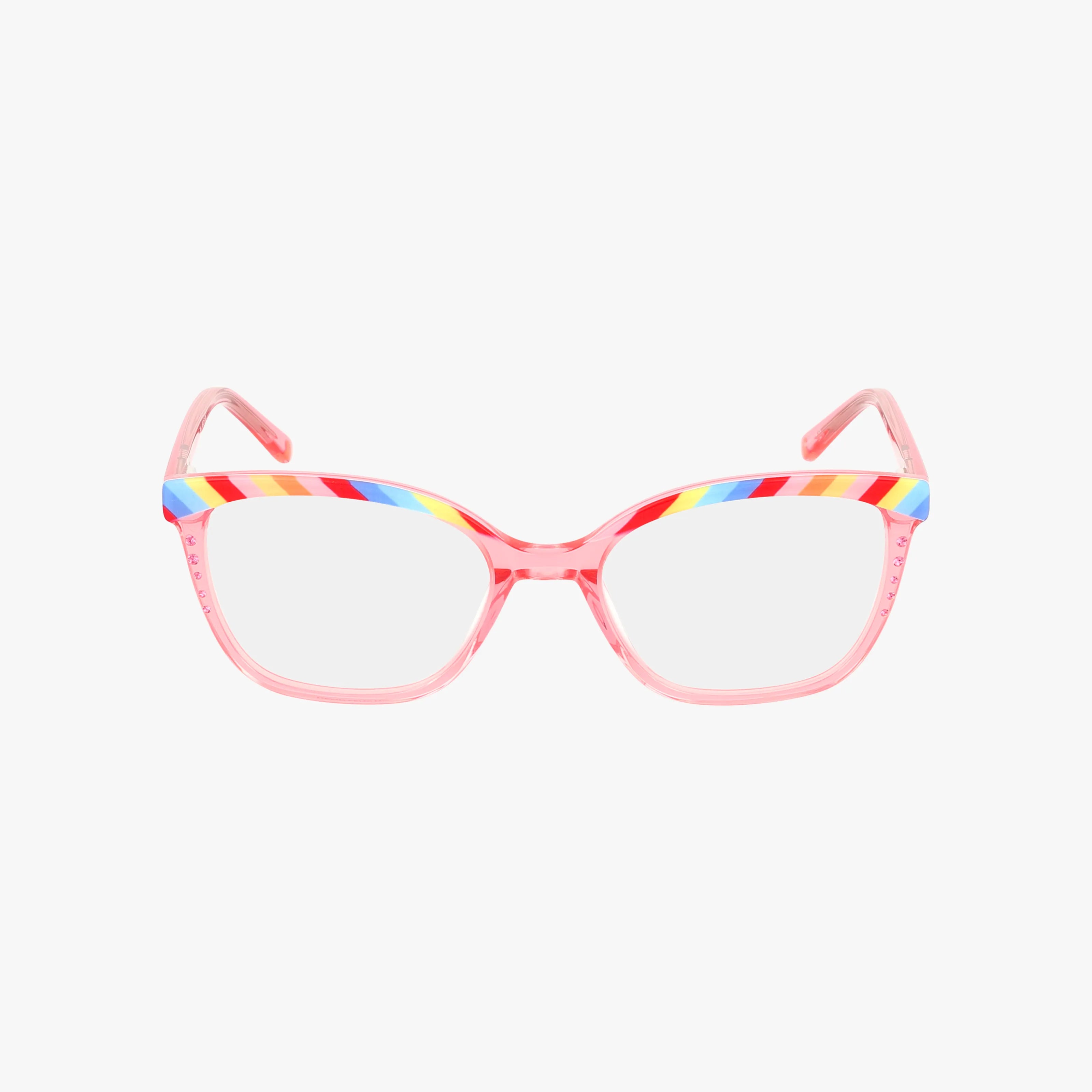 GAL PAL eyeglasses with Transitions lenses feature a stylish pink frame accented by colorful stripes in red, yellow, blue, and white along the top, displayed on a white background.