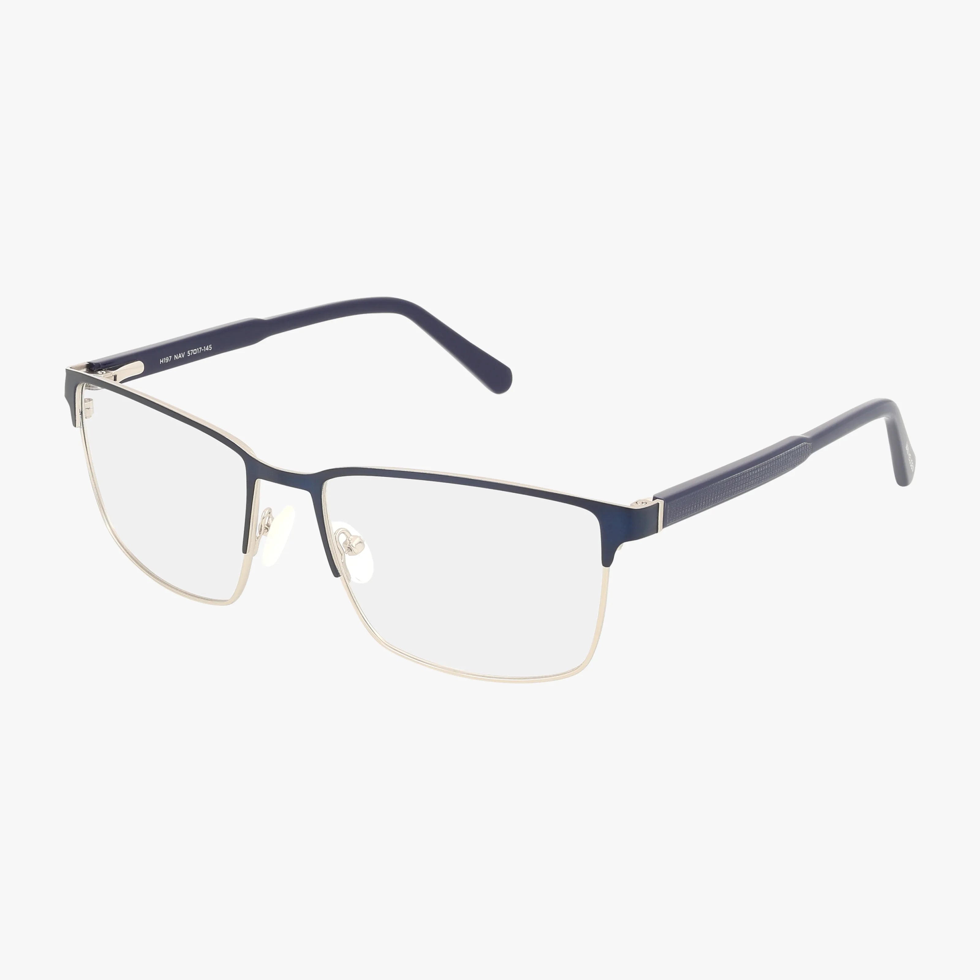 The H197 features rectangular, thin gold metal rims with navy blue accents, Transitions lenses for style and durability, and adjustable nose pads—shown on a white background.
