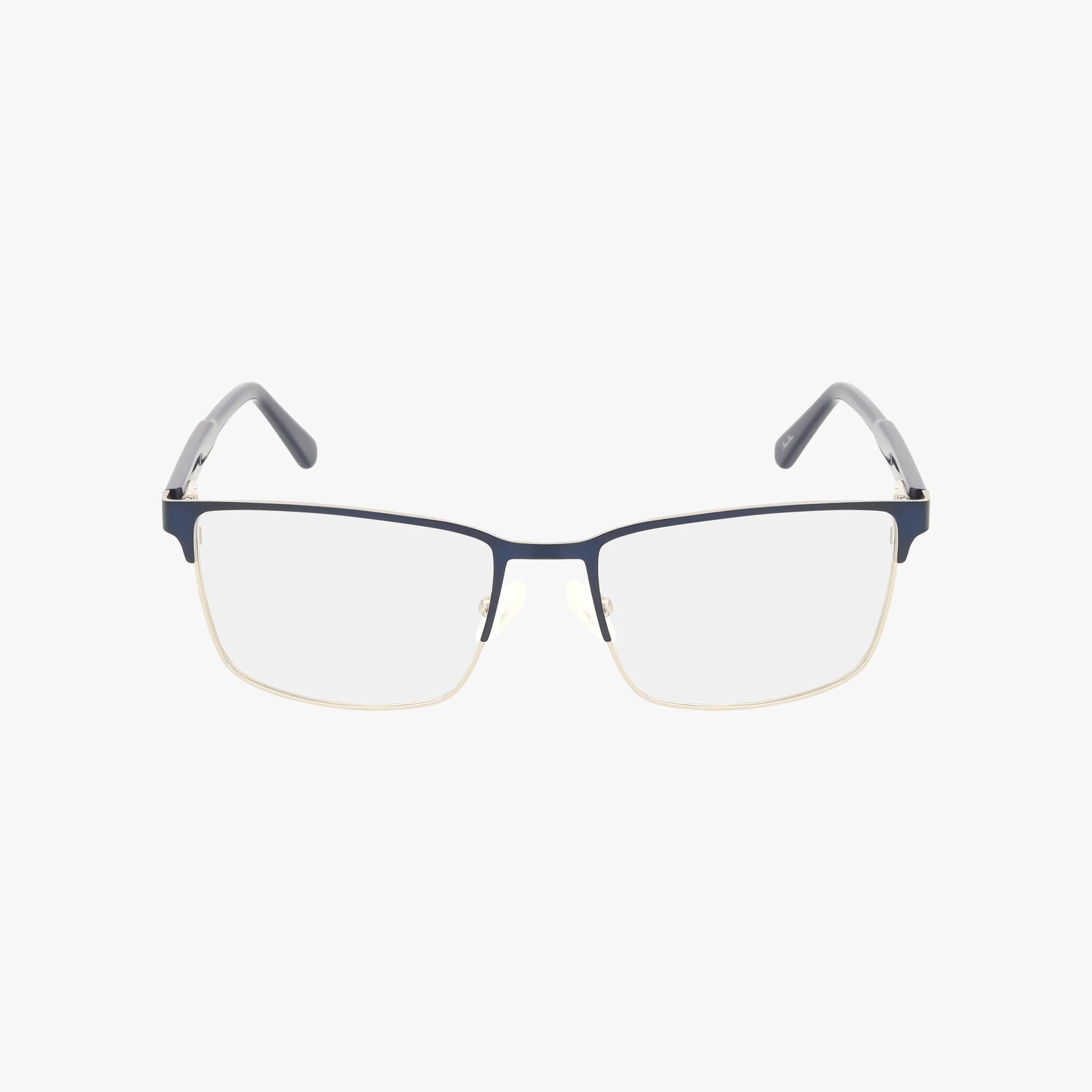 The H197 eyeglasses feature a rectangular shape with thin, gold-tone lower rims and dark blue upper rims, plus clear Transitions lenses for style and durability, displayed against a white background.