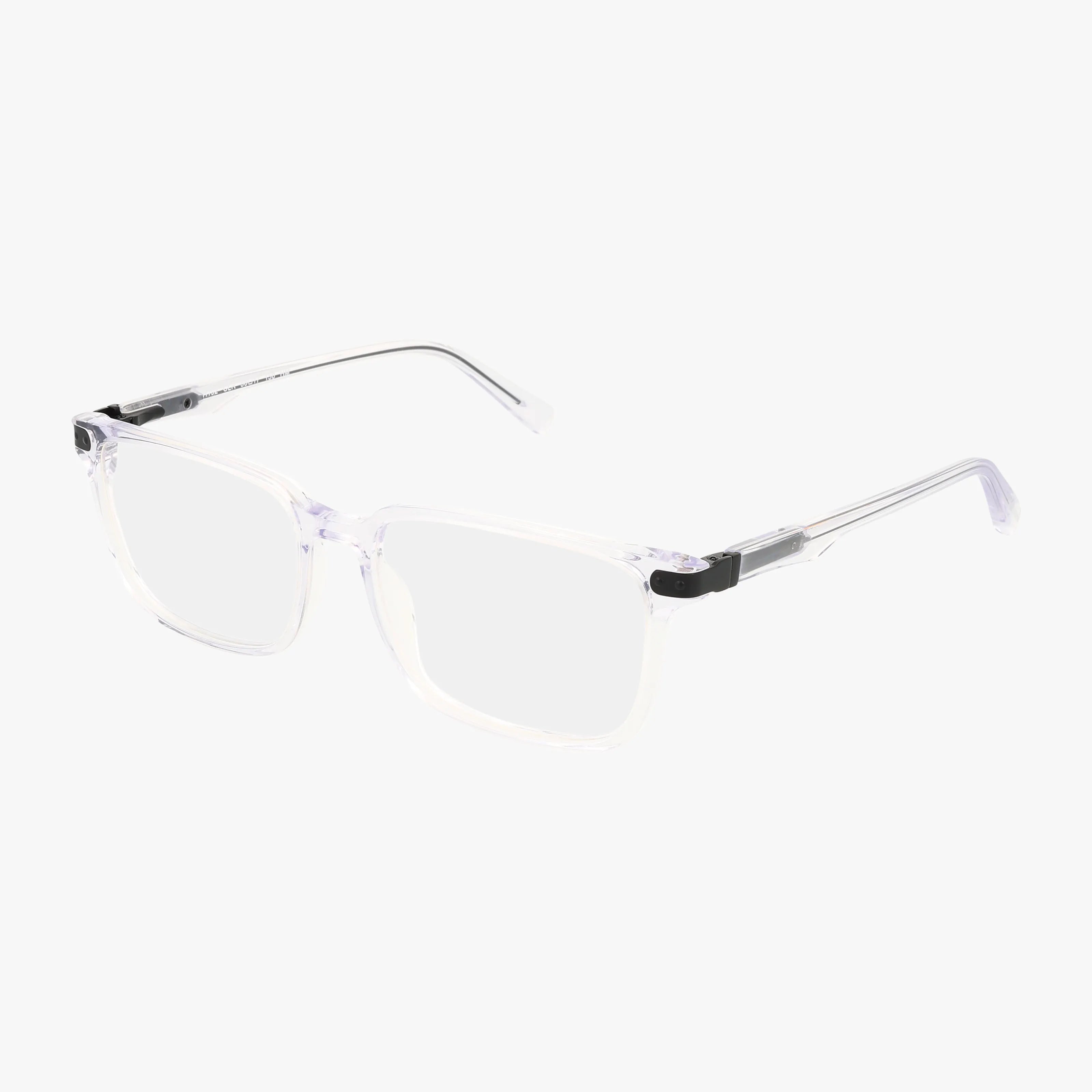H192 clear square eyeglasses feature thin, transparent plastic frames with silver metal temples, displayed on a white background—a modern eyewear choice with a tailored frame design.