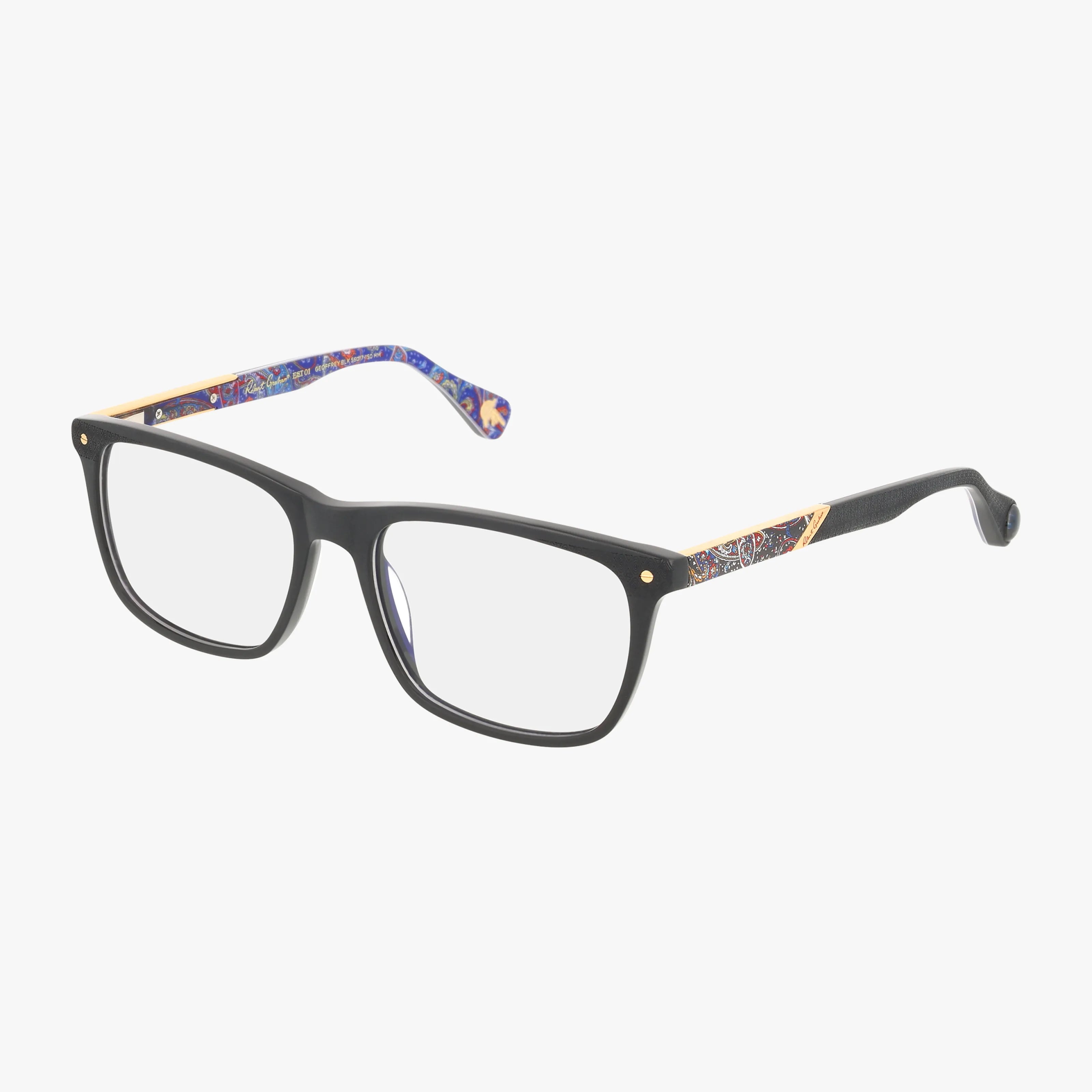 GEOFFREY rectangular black eyeglasses with clear Transitions lenses, gold hinge accents, and vibrant patterns on the inner and outer frame, shown on a white background.