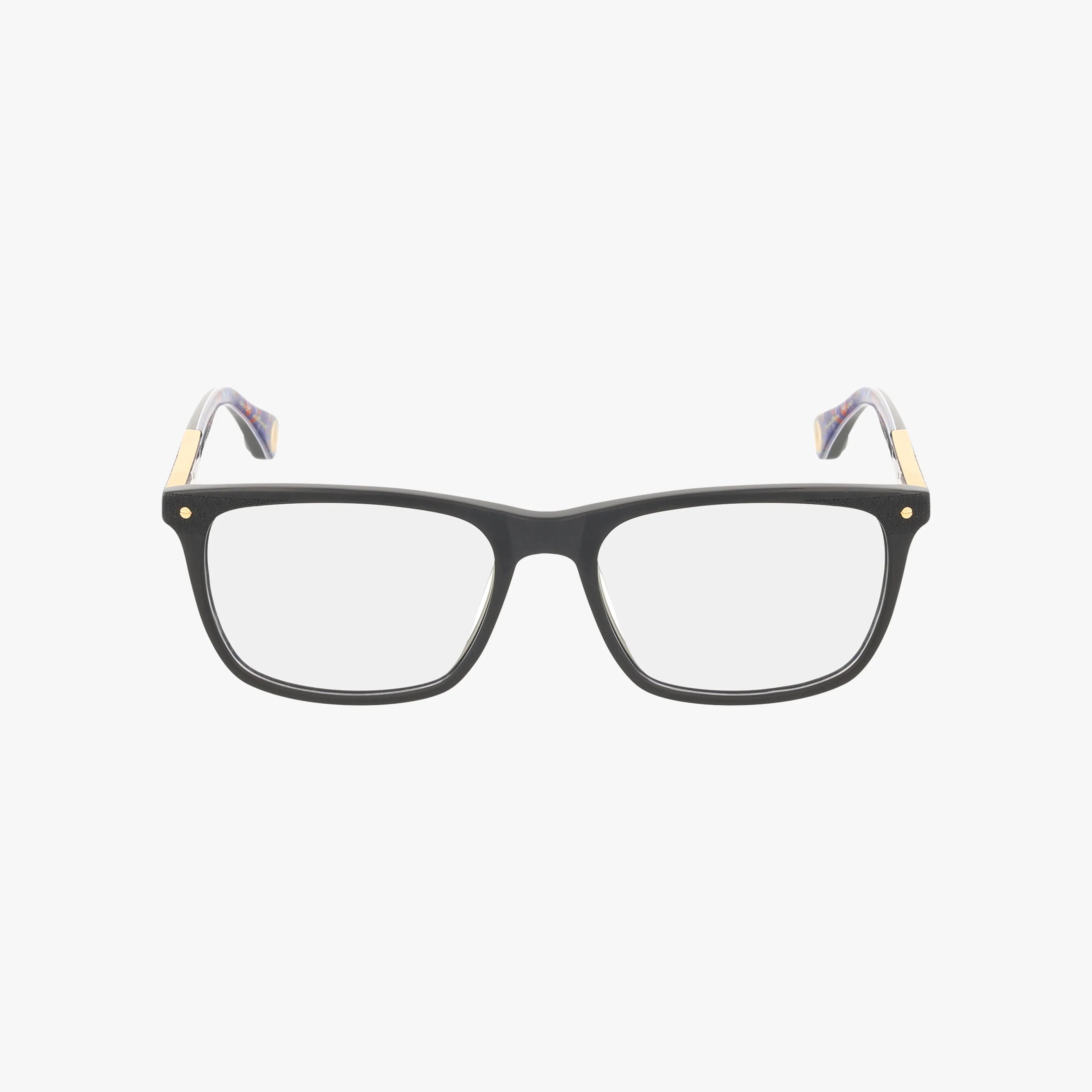 GEOFFREY is a pair of black rectangular eyeglasses with gold corner accents and clear temples, featuring a stylish frame and shown on a plain white background.