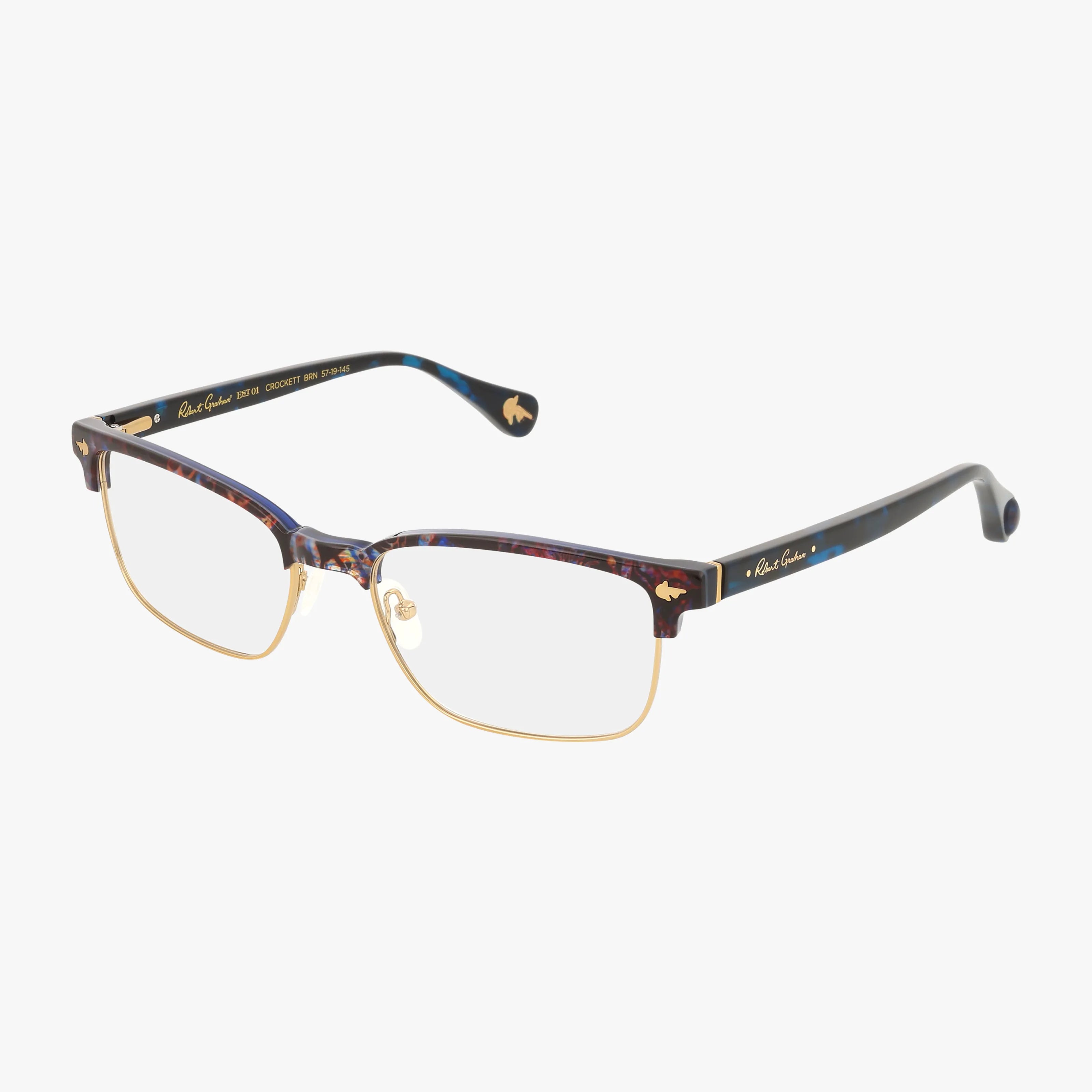 CROCKETT rectangular glasses with gold metal rims and tortoiseshell-patterned arms, featuring a subtle logo and small temple details, shown on a white background.