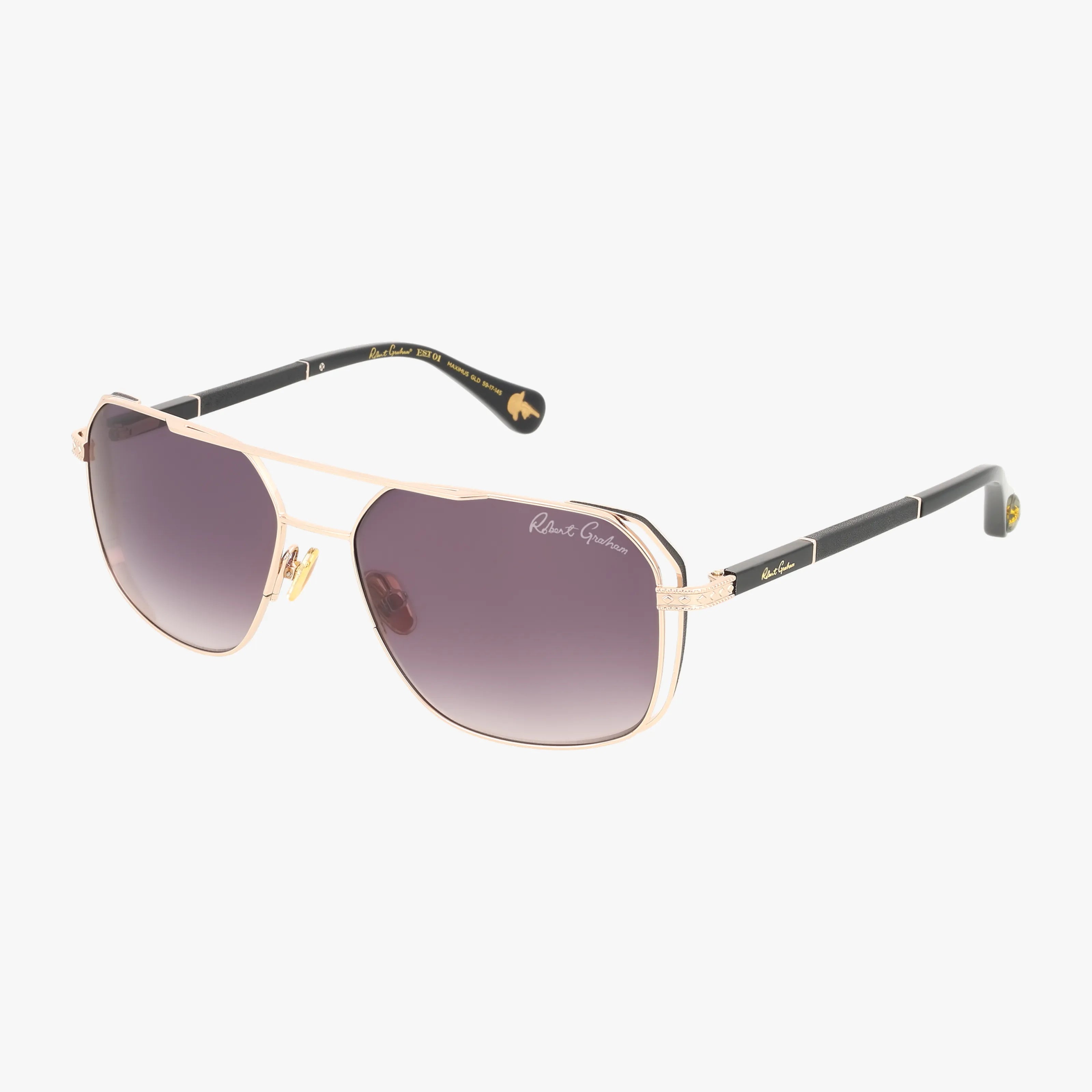 The MAXIMUS gold-framed aviator sunglasses feature dark gradient lenses and black arms with subtle brand text on the lens and arm—a classic style, ideal for online shopping, shown on a white background.