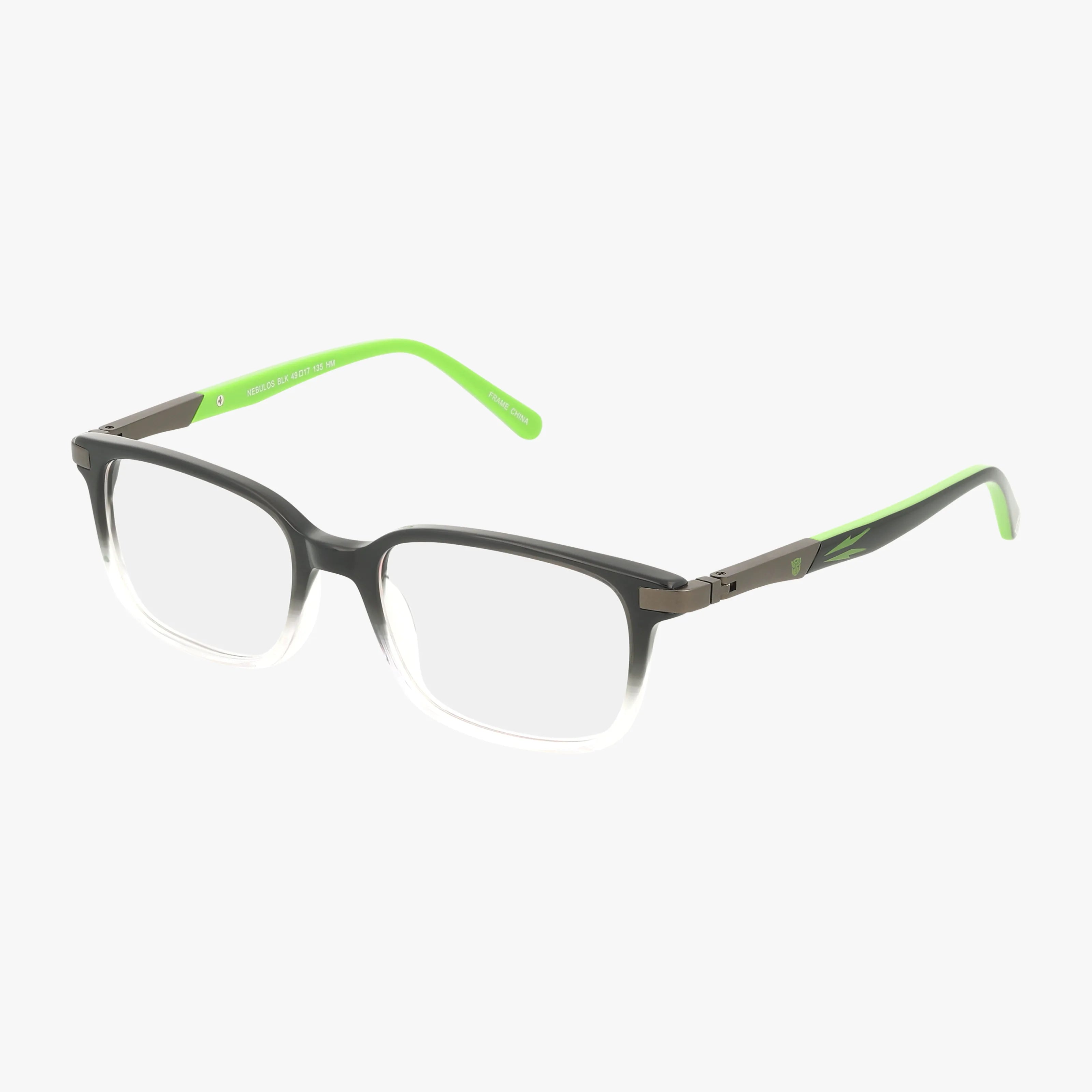 NEBULOS rectangular eyeglasses feature a lightweight black and silver minimalist frame, clear lenses, and bright green temple arms, shown on a white background.