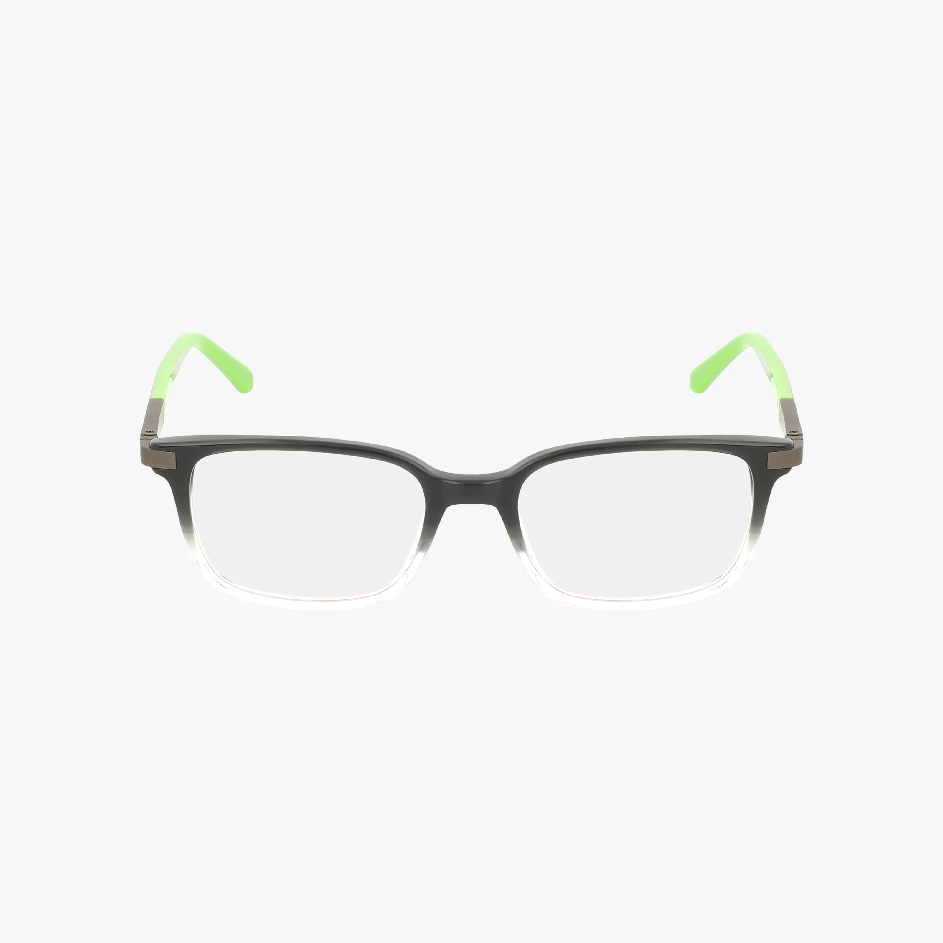 The NEBULOS eyeglasses feature a minimalist rectangular frame in black fading to clear with light green-tipped arms, offering modern durability and style—all set against a plain white background.
