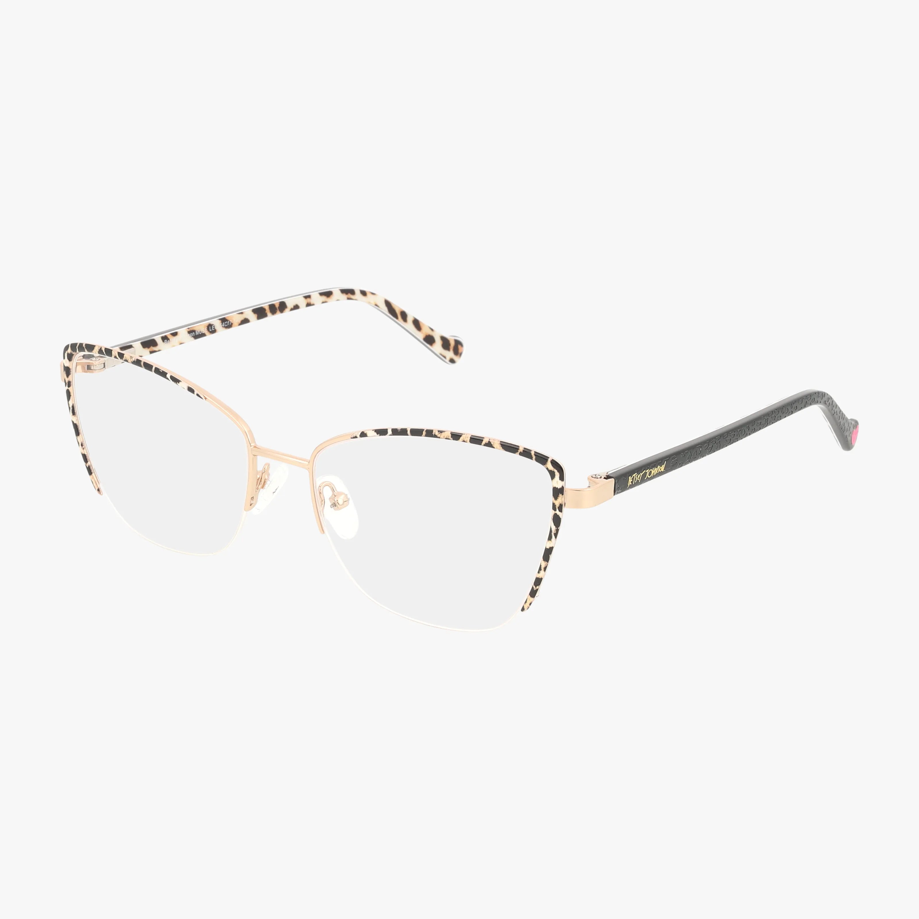 The MUSE cat-eye eyeglasses feature gold metal rims and leopard-print accents on the upper frame and arms, offering a bold look against a white background.