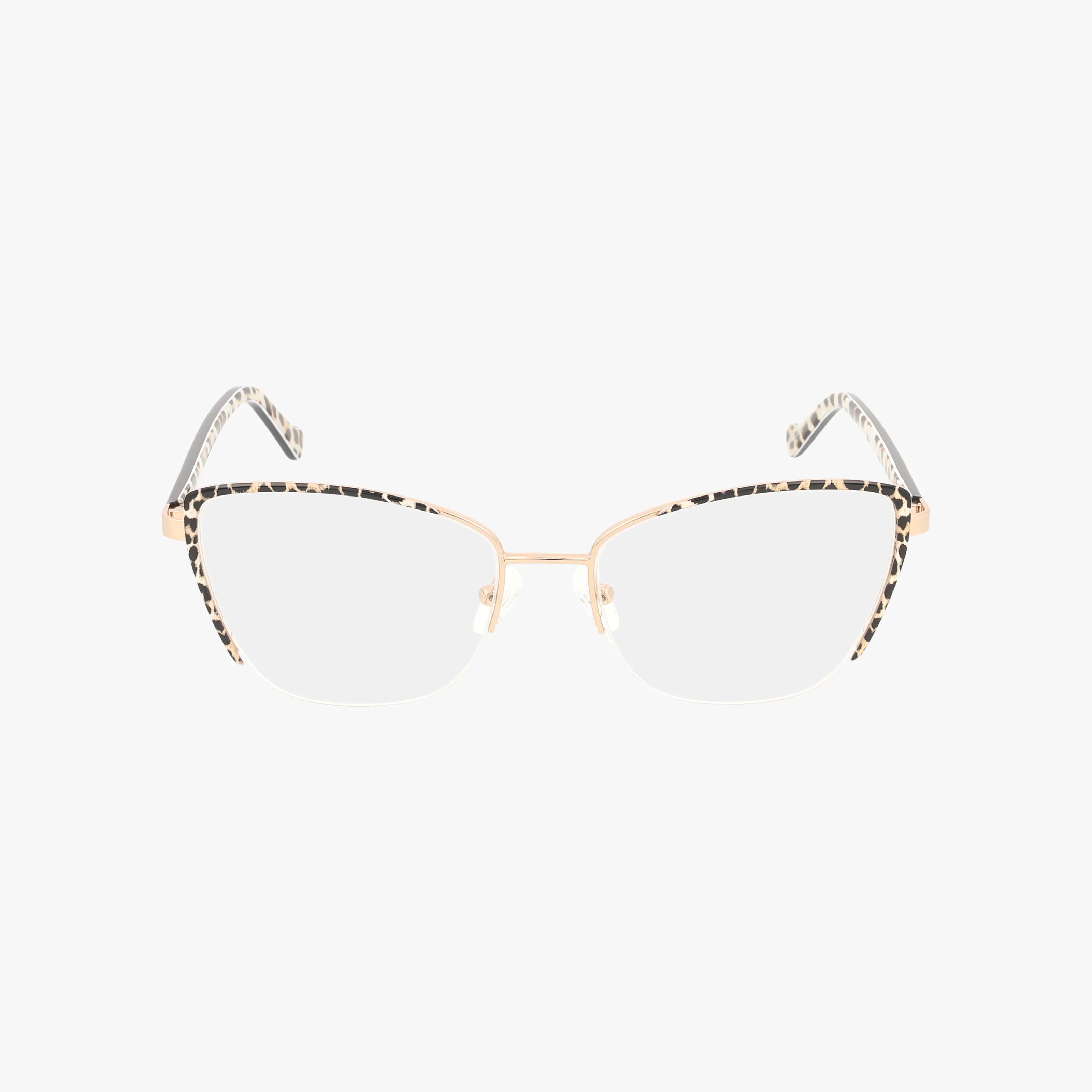 The MUSE eyeglasses feature gold rims and a bold leopard print on the upper frame and temple arms, designed for everyday style. Shown on a white background.
