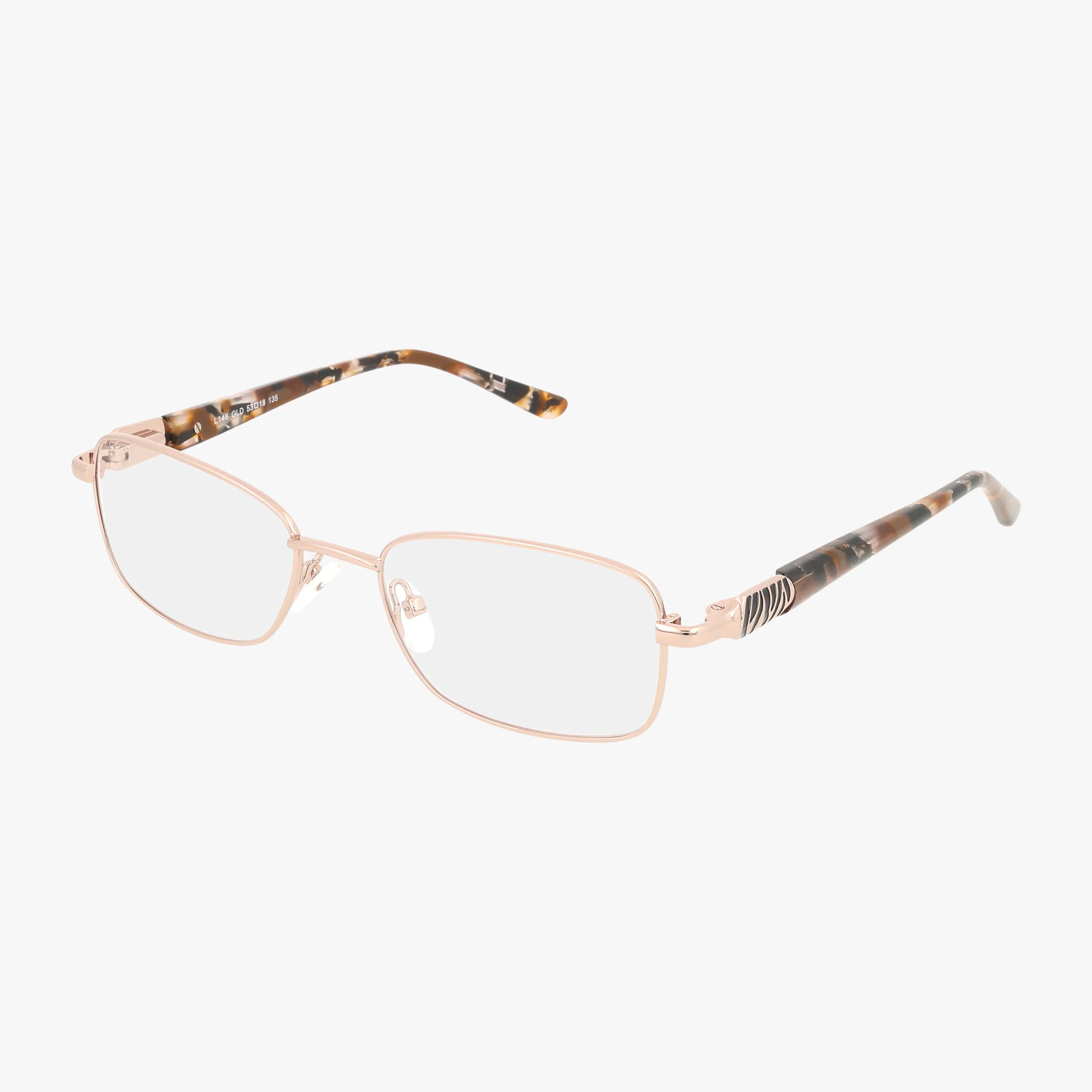 The L146 features rectangular eyeglasses with thin gold metal frames and tortoiseshell-patterned arms in a modern design, set against a white background.
