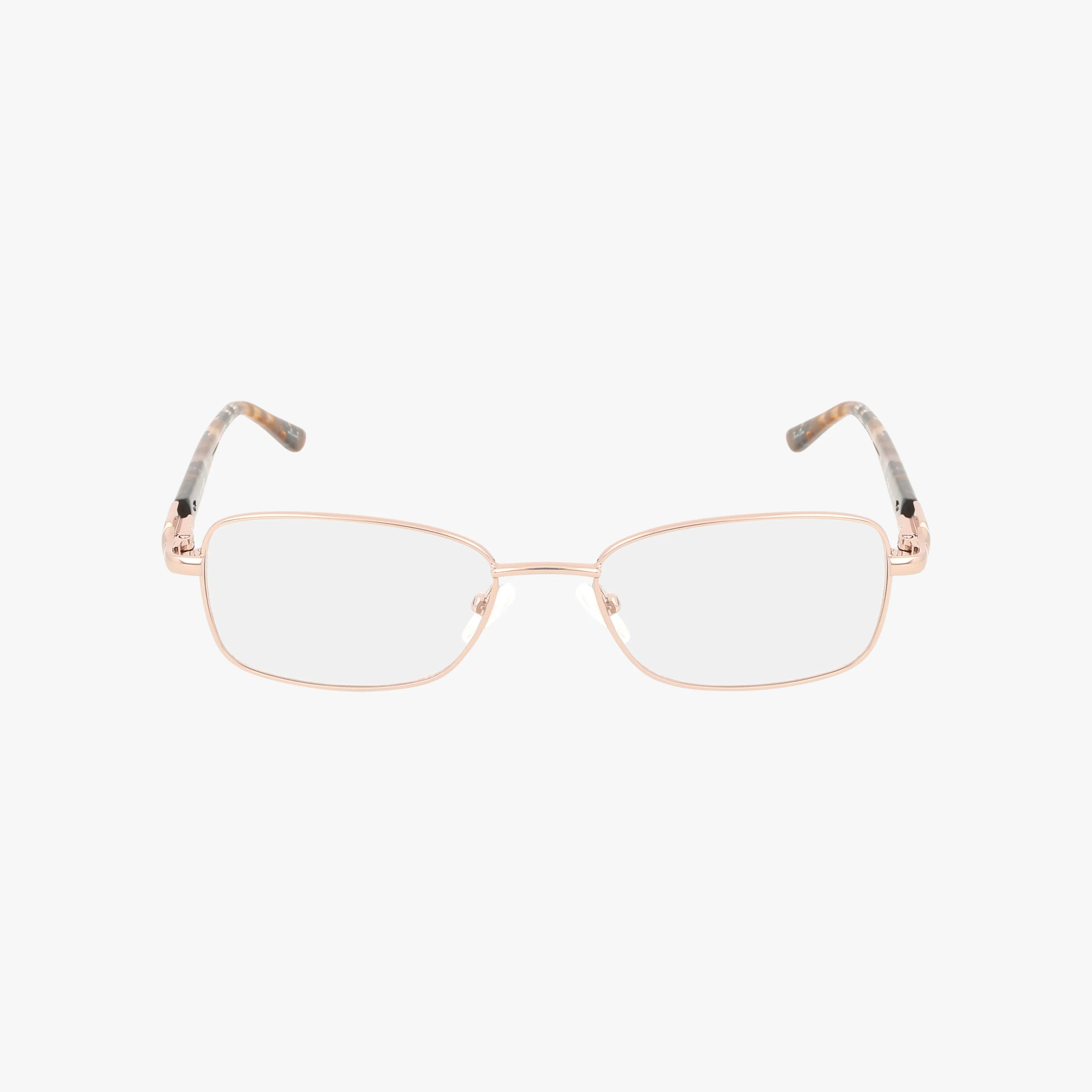 The L146 features thin, gold-toned rectangular metal frames with modern design, clear prescription lenses, and stylish gray-and-white marbled temple tips. Durable and sleek, the glasses are displayed on a white background.