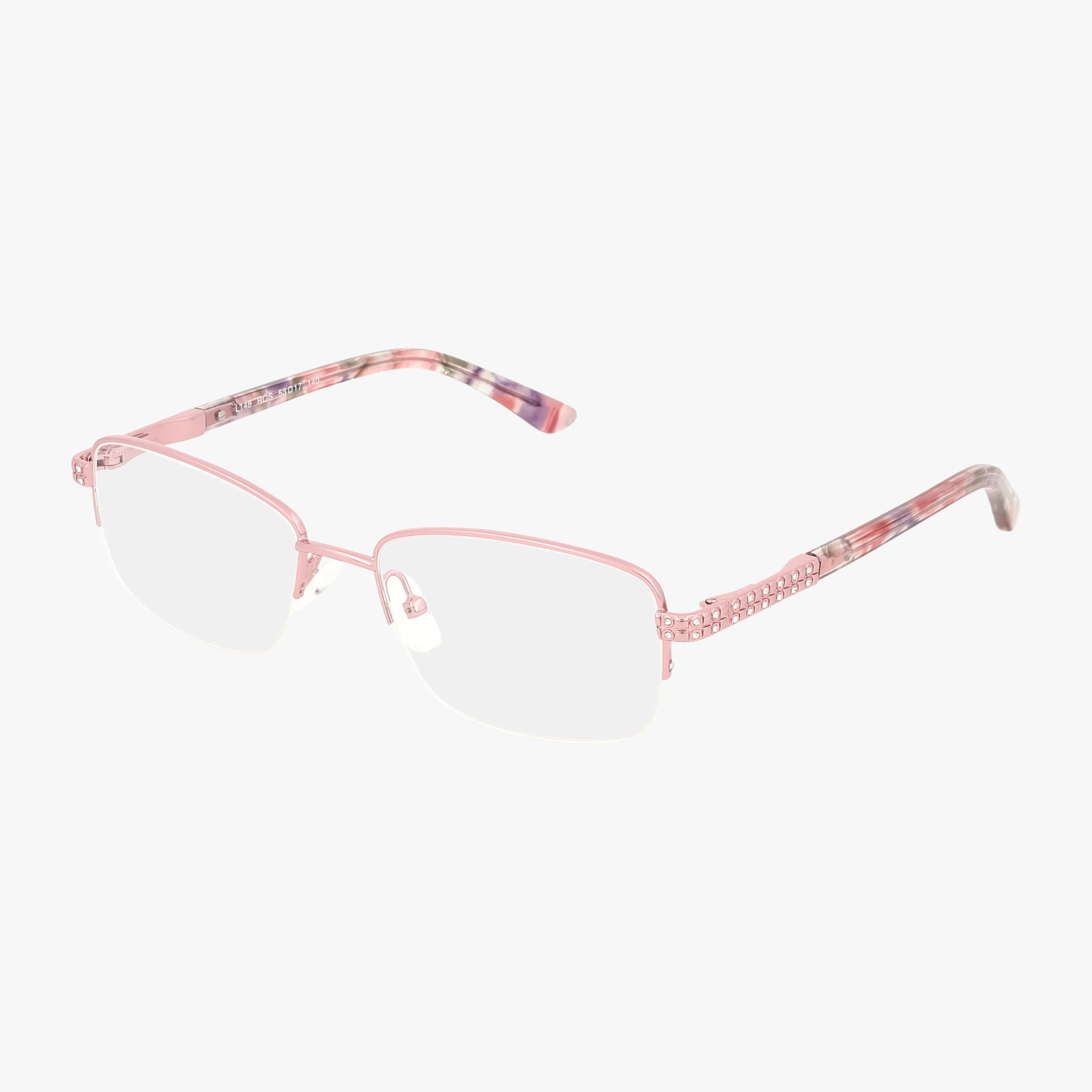 The L148 eyeglasses feature a pink semi-rimless, lightweight frame with clear lenses, patterned temples in pink and purple, and small decorative stones near the hinges—perfect for everyday wear. Shown on a white background.