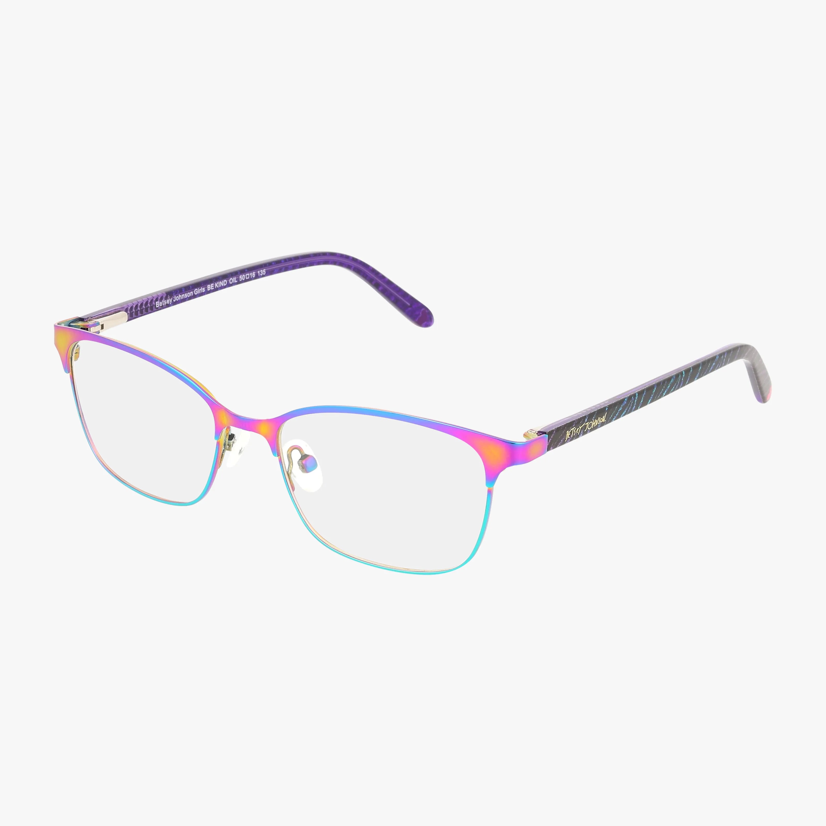 The BE KIND rectangular eyeglasses feature thin, semi-rimless frames with a gradient rainbow color and purple temples, offering a unique style and functional design, showcased against a plain white background.