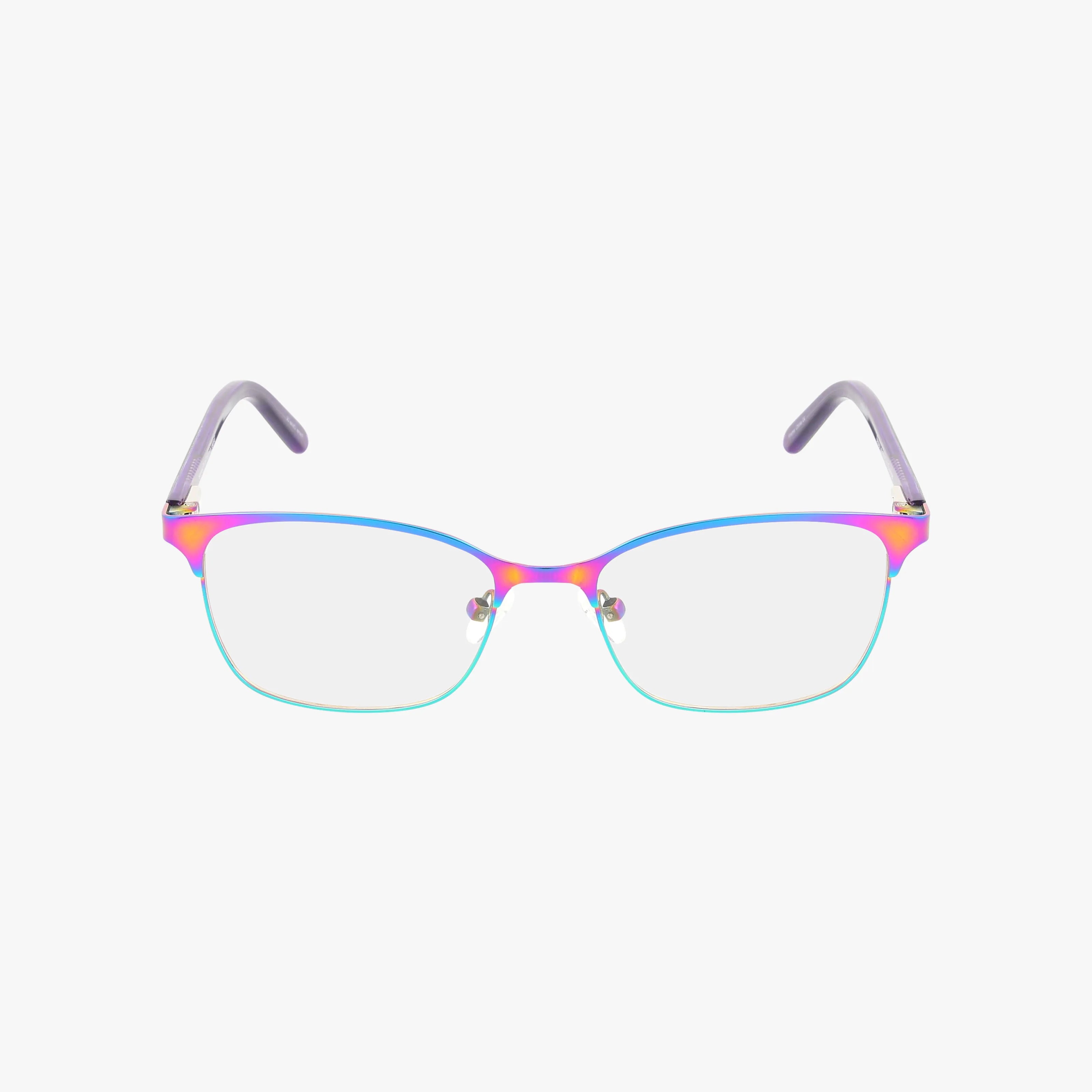 The BE KIND eyeglasses feature thin, colorful metal frames blending purple, blue, pink, and green with translucent gray arms, offering a distinct and functional design displayed on a plain white background.