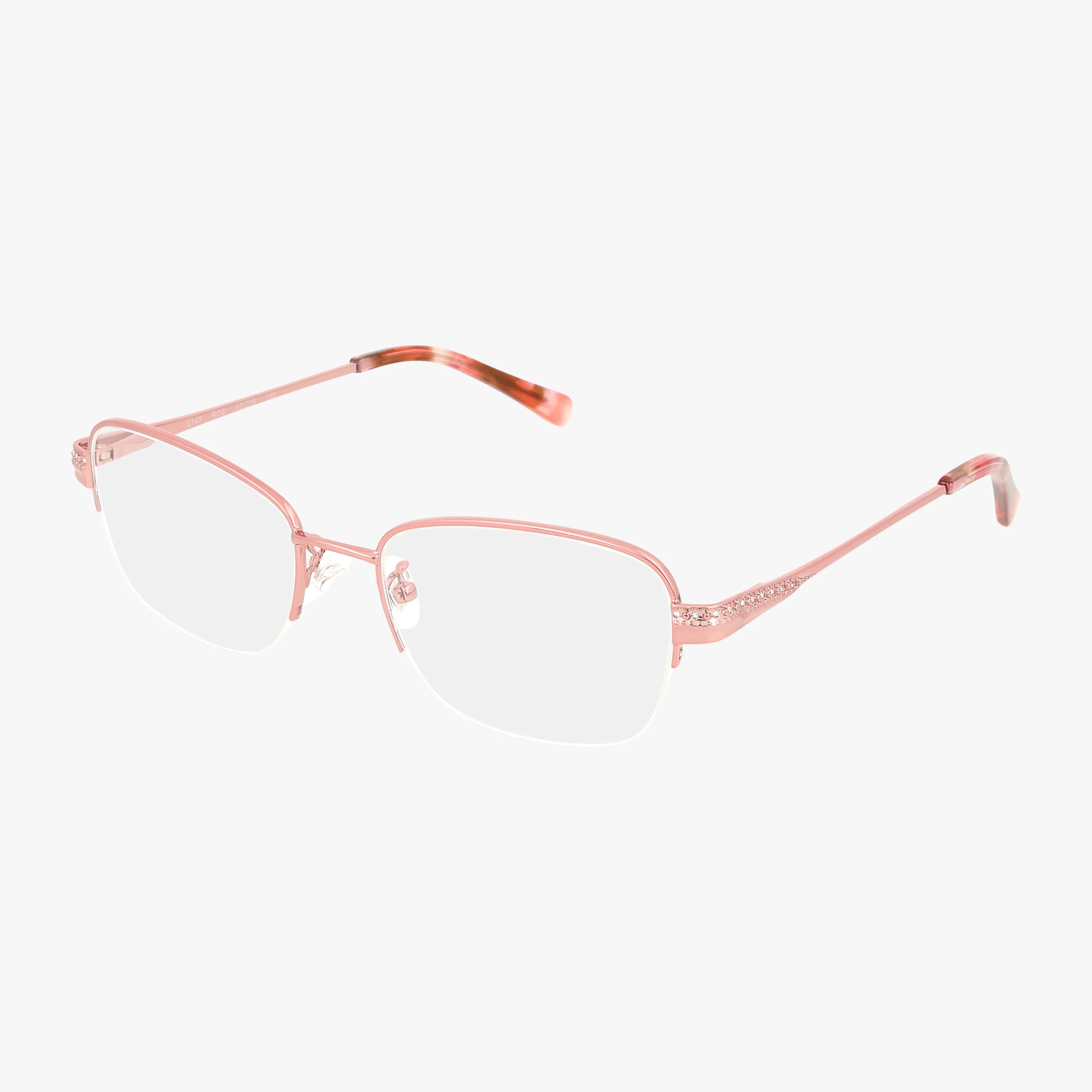 The L147 eyeglasses are a pair of pink, semi-rimless rectangular frames with thin metal construction, decorative temple detailing, and a contemporary design.
