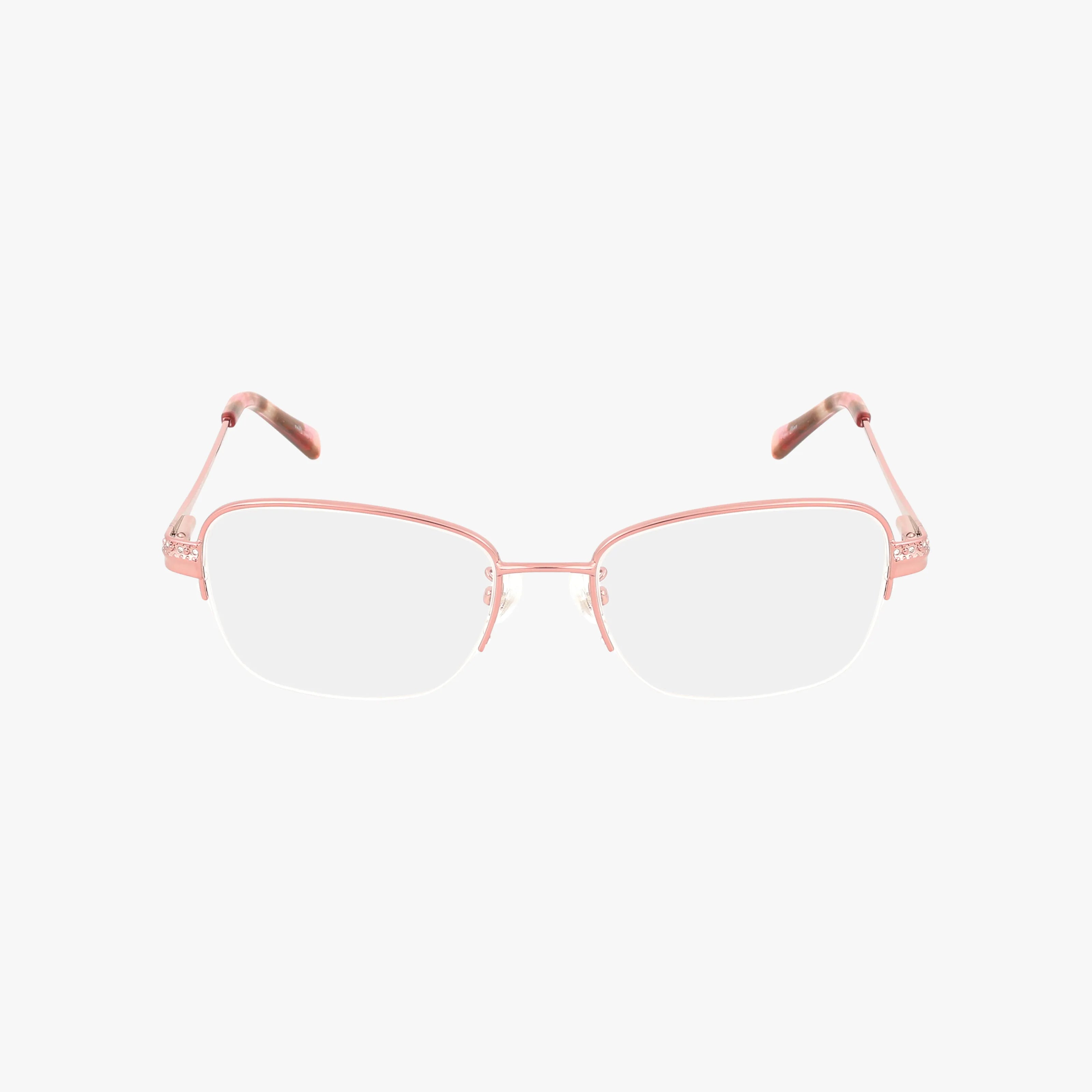 The L147 eyeglasses feature a thin, pink metal frame with clear lenses, shown on a plain white background. The temples have darker pink tips, adding subtle contrast for a modern look.