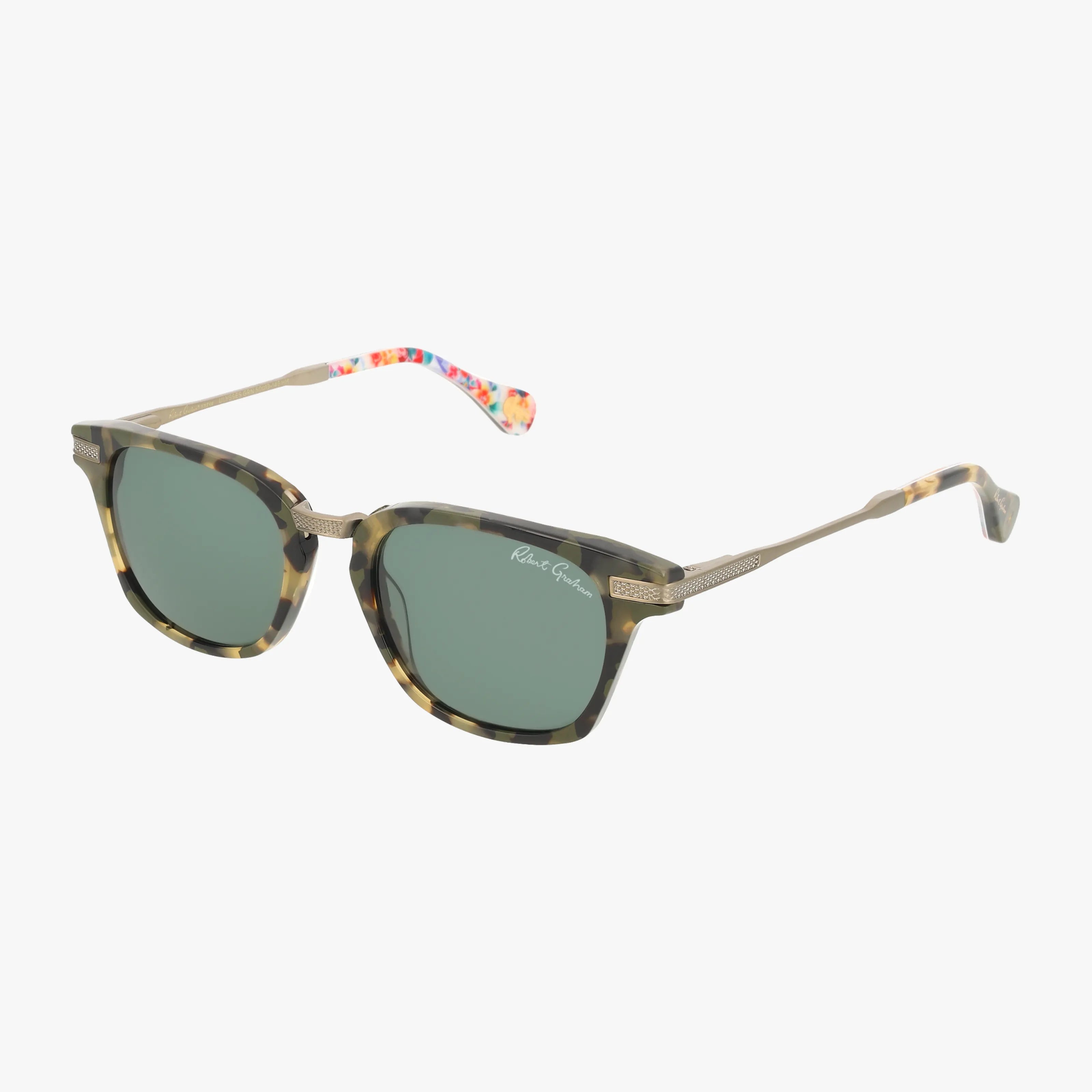 ULYSSES square sunglasses feature green lenses, tortoiseshell frames, gold metal arms, and colorful tips. The brand name on the left lens adds a stylish touch—perfect for outdoor adventures and ideal for online shoppers.
