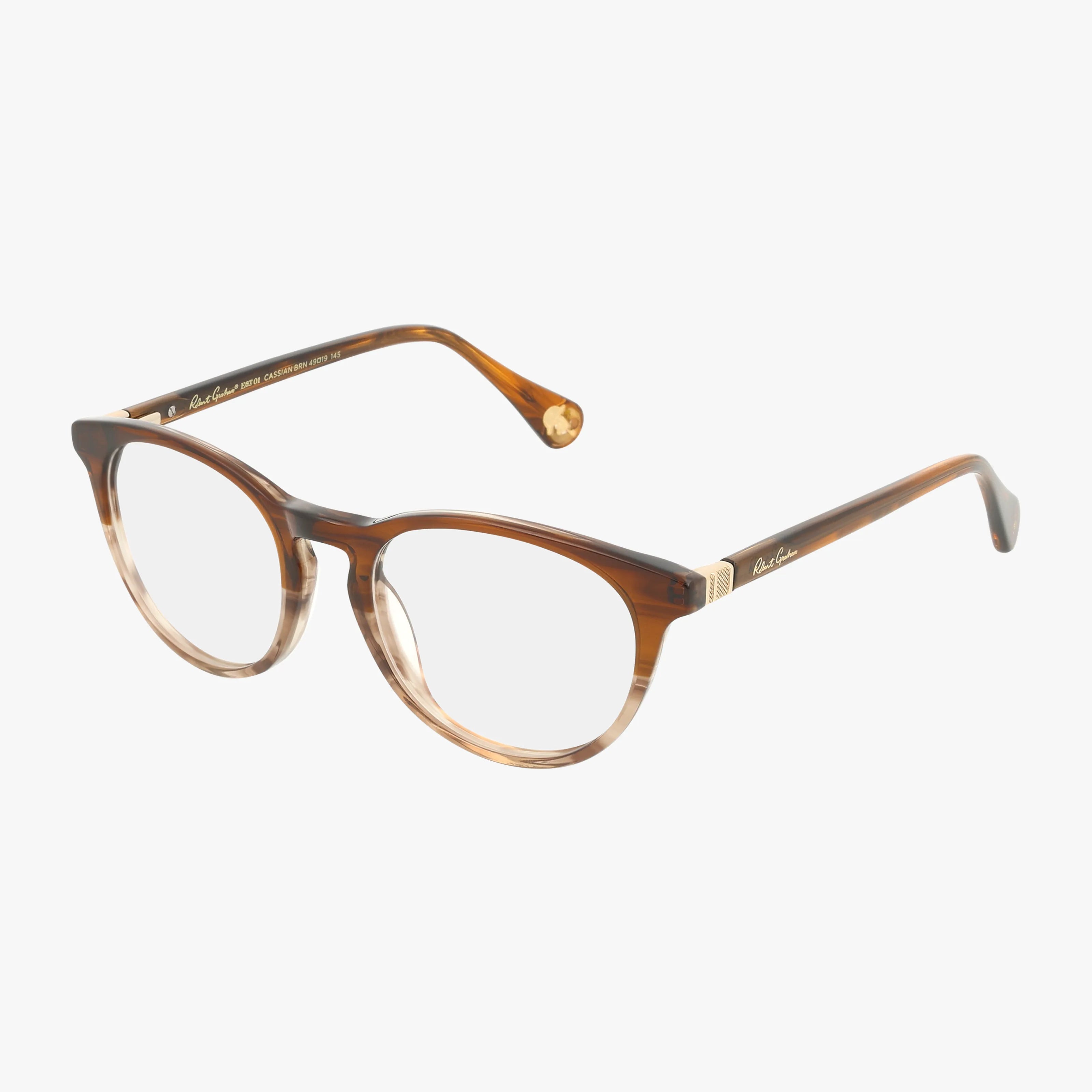 CASSIAN: Brown, round eyeglasses with a resilient frame, clear lenses, and slightly curved arms, shown on a white background.