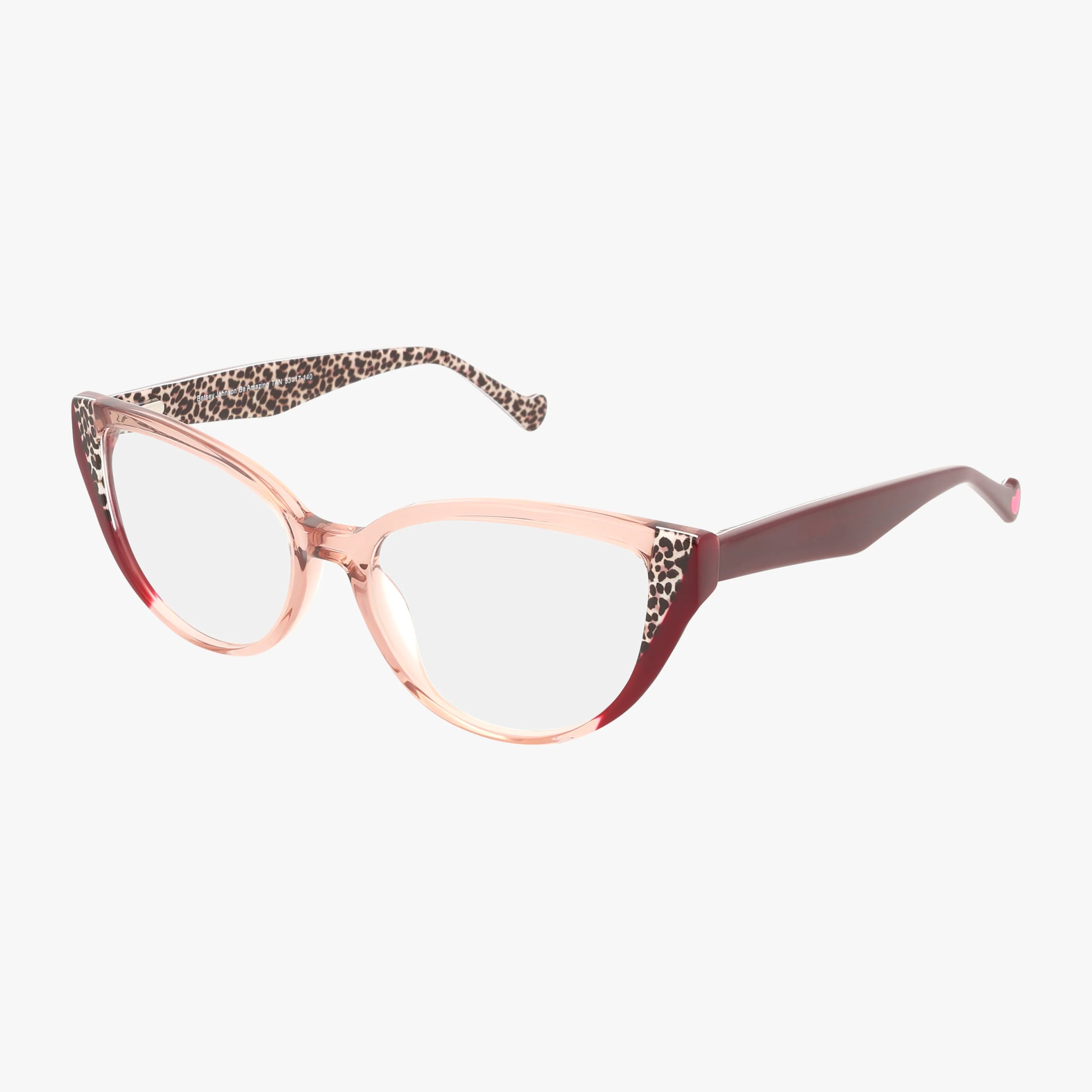The BE AMAZING cat-eye eyeglasses feature a contemporary design with translucent pink frames, burgundy arms, and leopard print detailing on the upper corners and inner arms, shown against a white background.