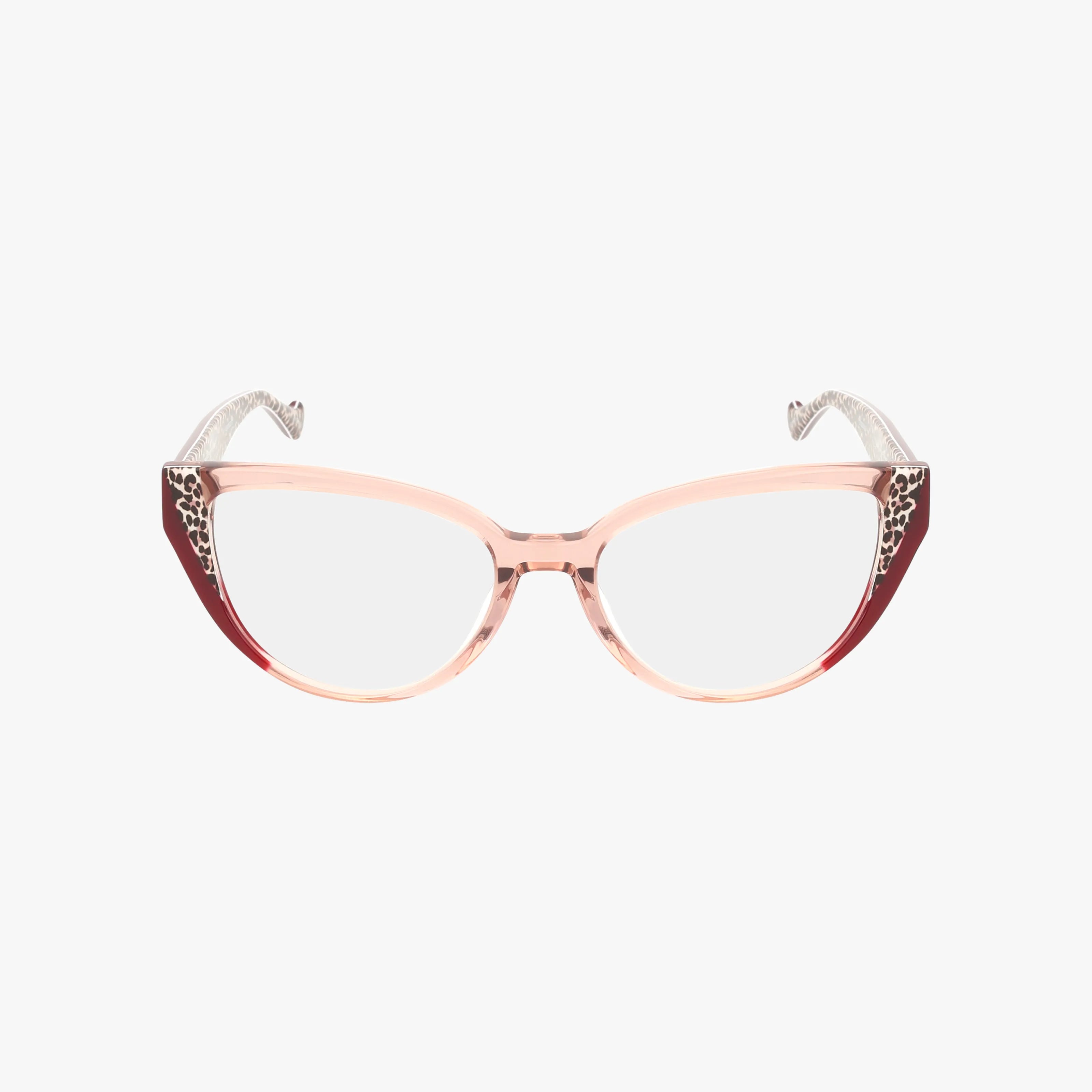 The BE AMAZING glasses feature a resilient cat-eye frame in translucent pink, with red corner accents and ornate silver temple detailing.