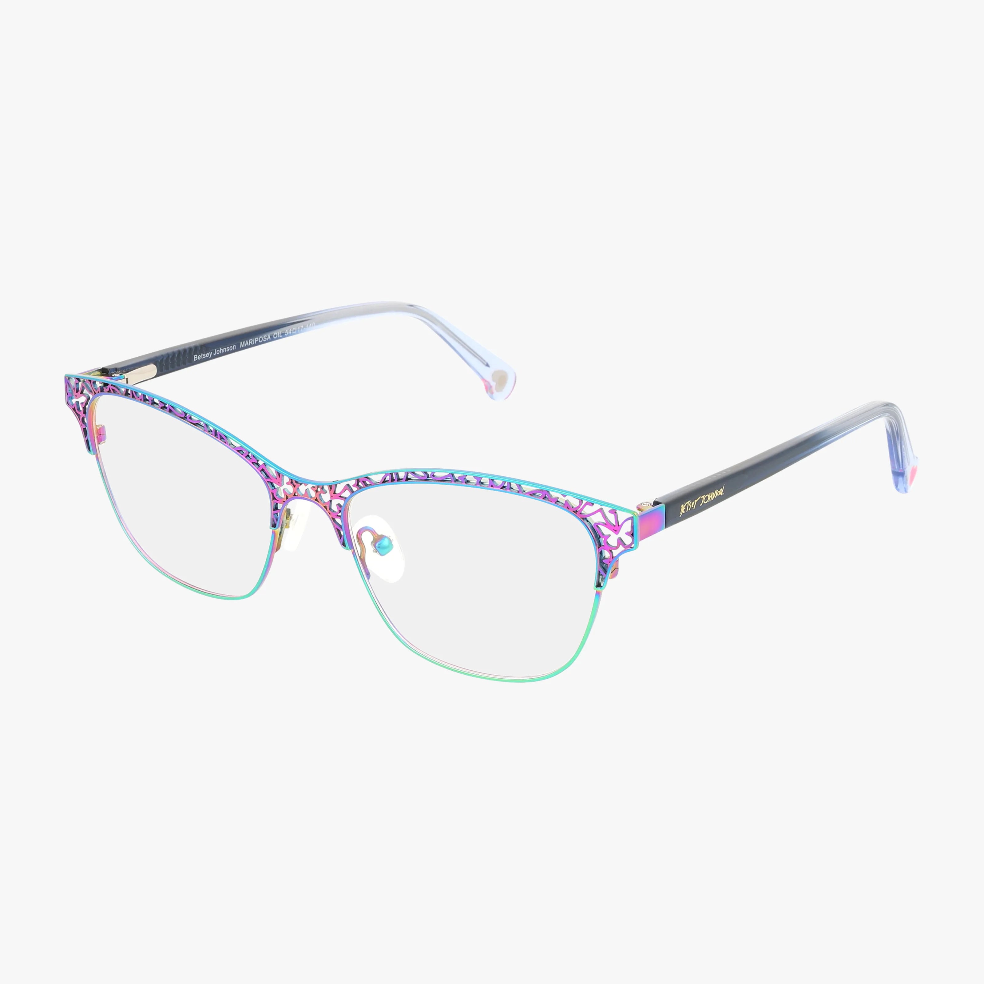 The MARIPOSA eyeglasses feature thin, cat-eye frames with a vibrant multicolored pattern, gray temples with pink tips, and gold accents near the hinges for a secure, stylish fit.