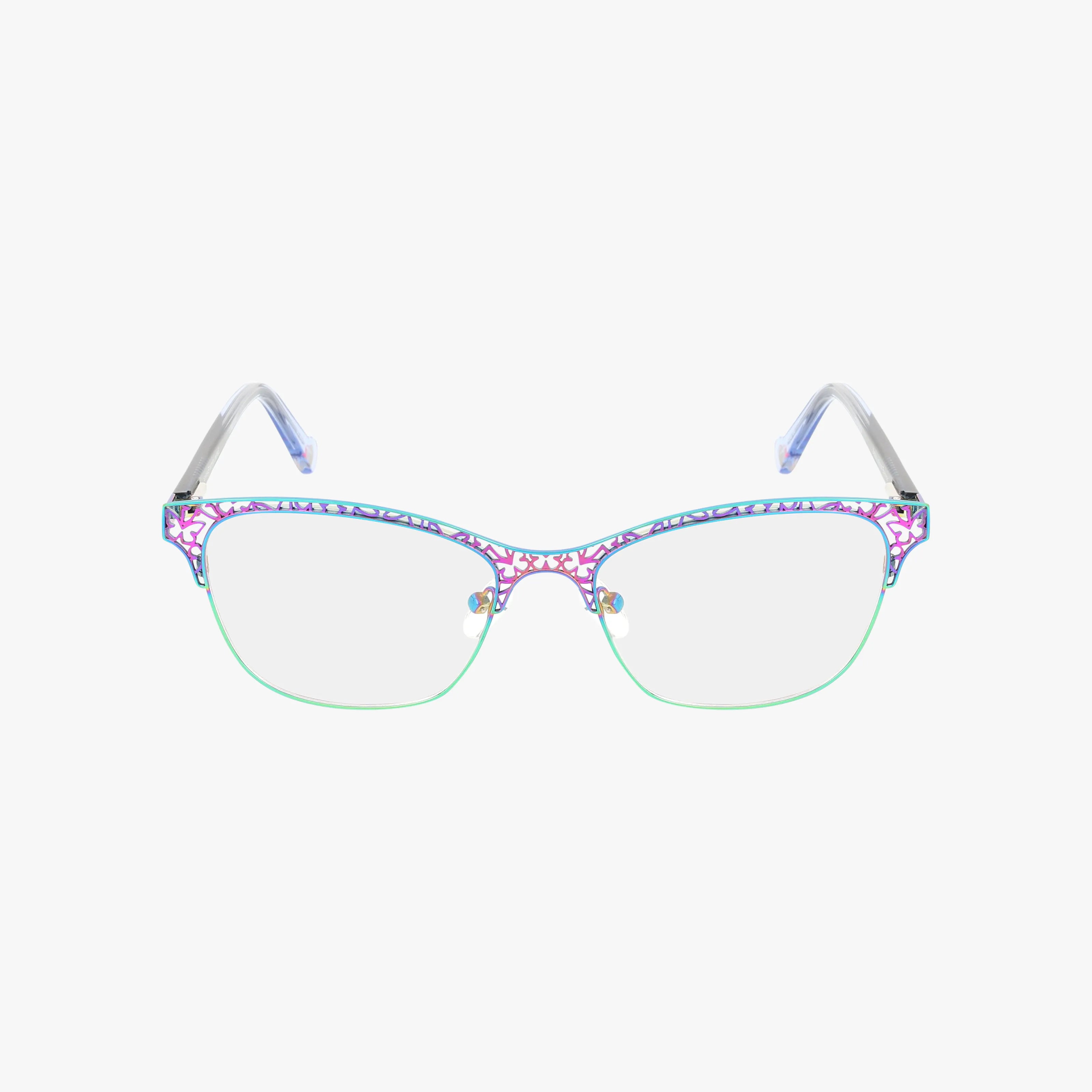 The MARIPOSA eyeglasses feature a stylish frame with blue, pink, and purple patterns on the top rim, light green accents on the lower rim, clear lenses, and translucent temples for a secure fit.