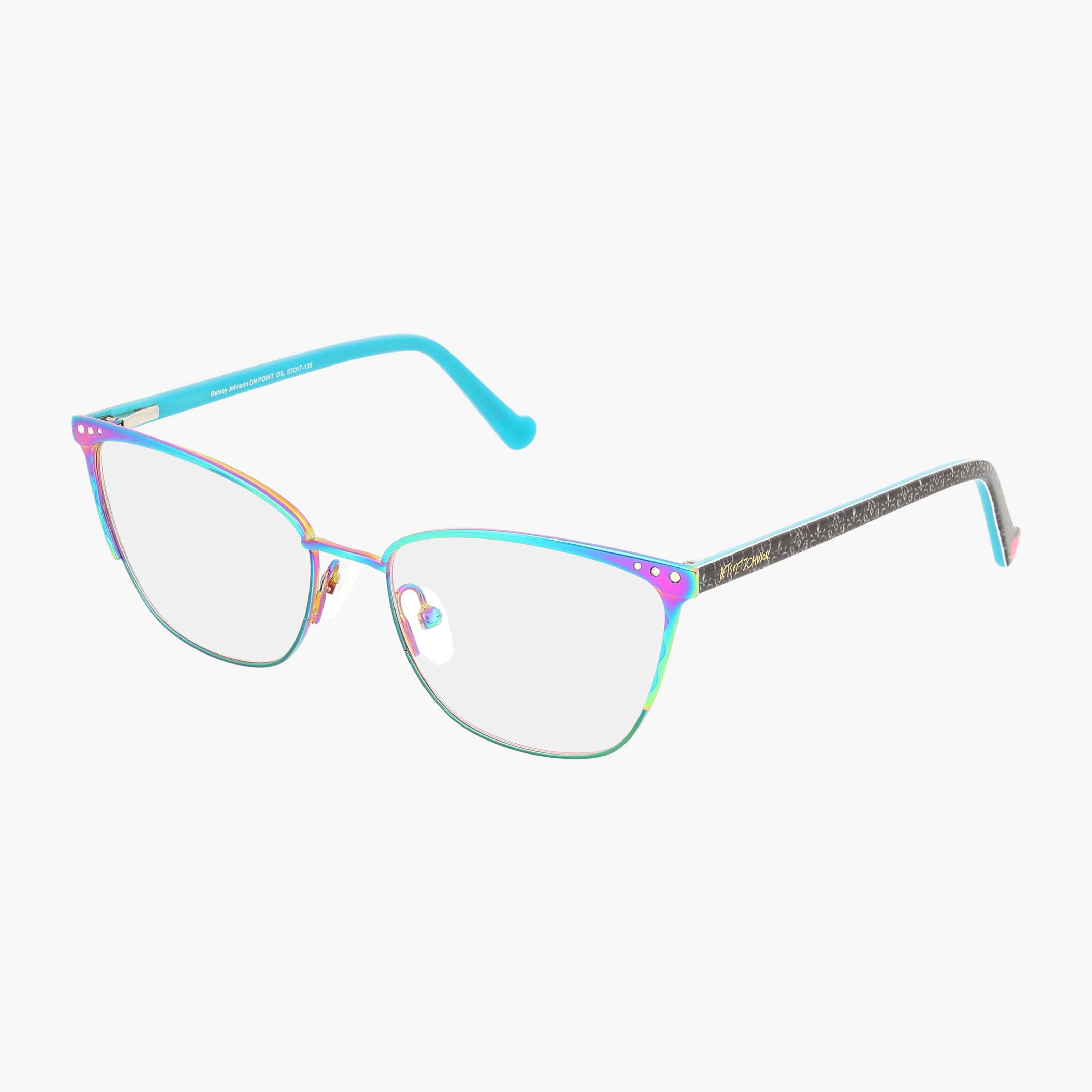 ON POINT features a classic frame with gradient blue, pink, and green metal, clear lenses, black glittery temples, turquoise-tipped arms, and three small white dots on each upper front corner.