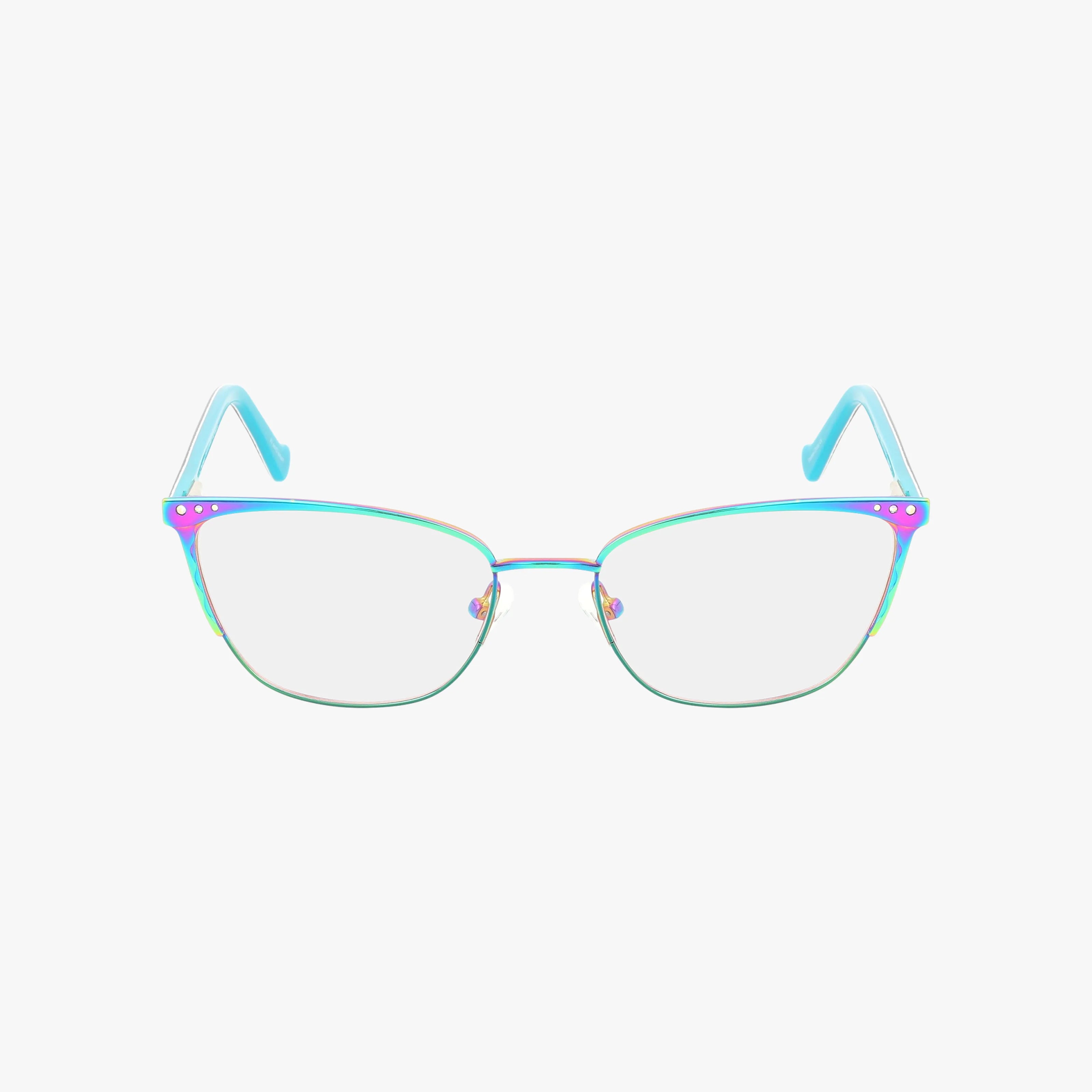 ON POINT features rectangular clear lenses and thin iridescent blue-purple frames with light blue temples and clear tips, all set against a plain white background.