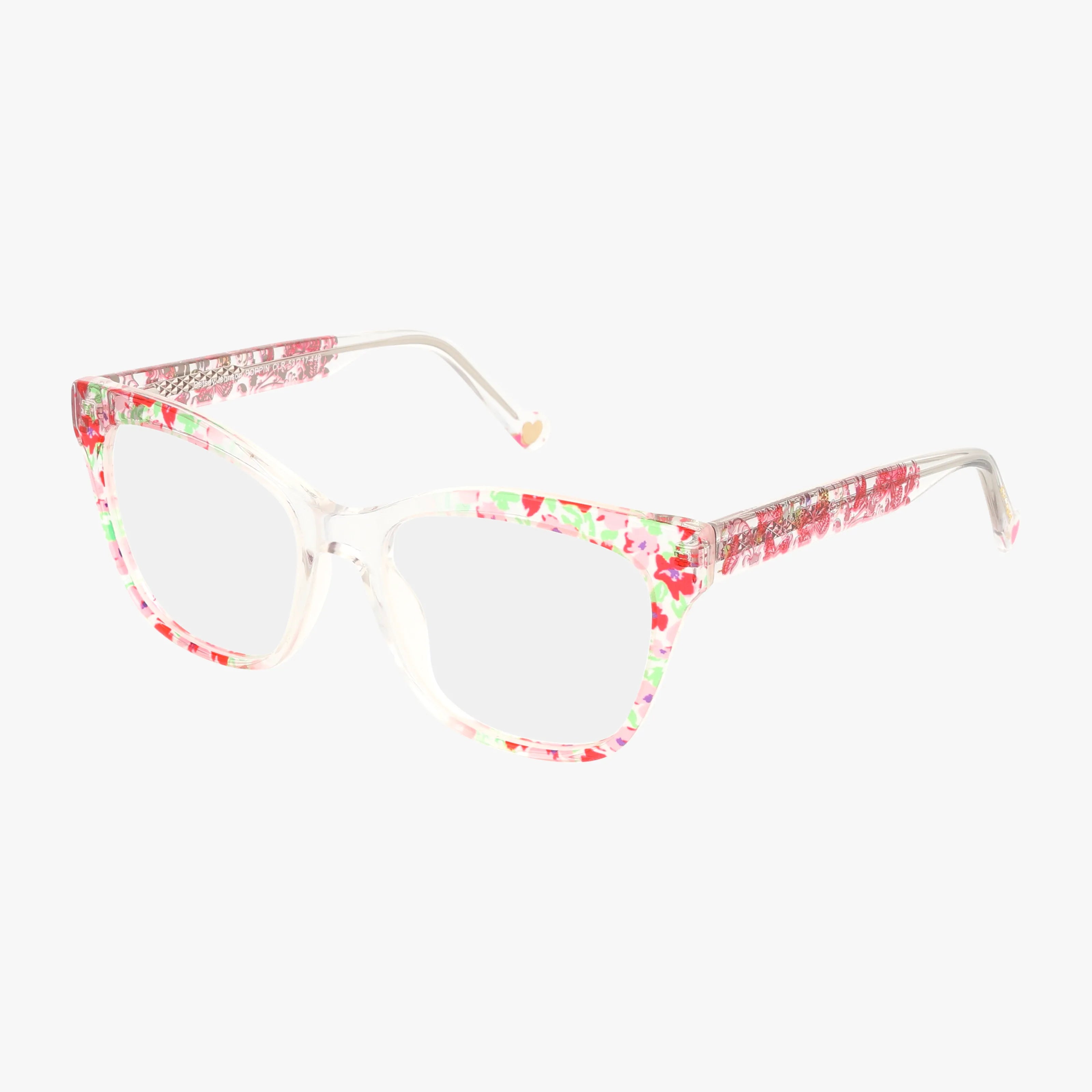 The POPPIN eyeglasses feature a square frame with a pink, green, and white confetti pattern along the rims and arms, combining style and function on a white background.
