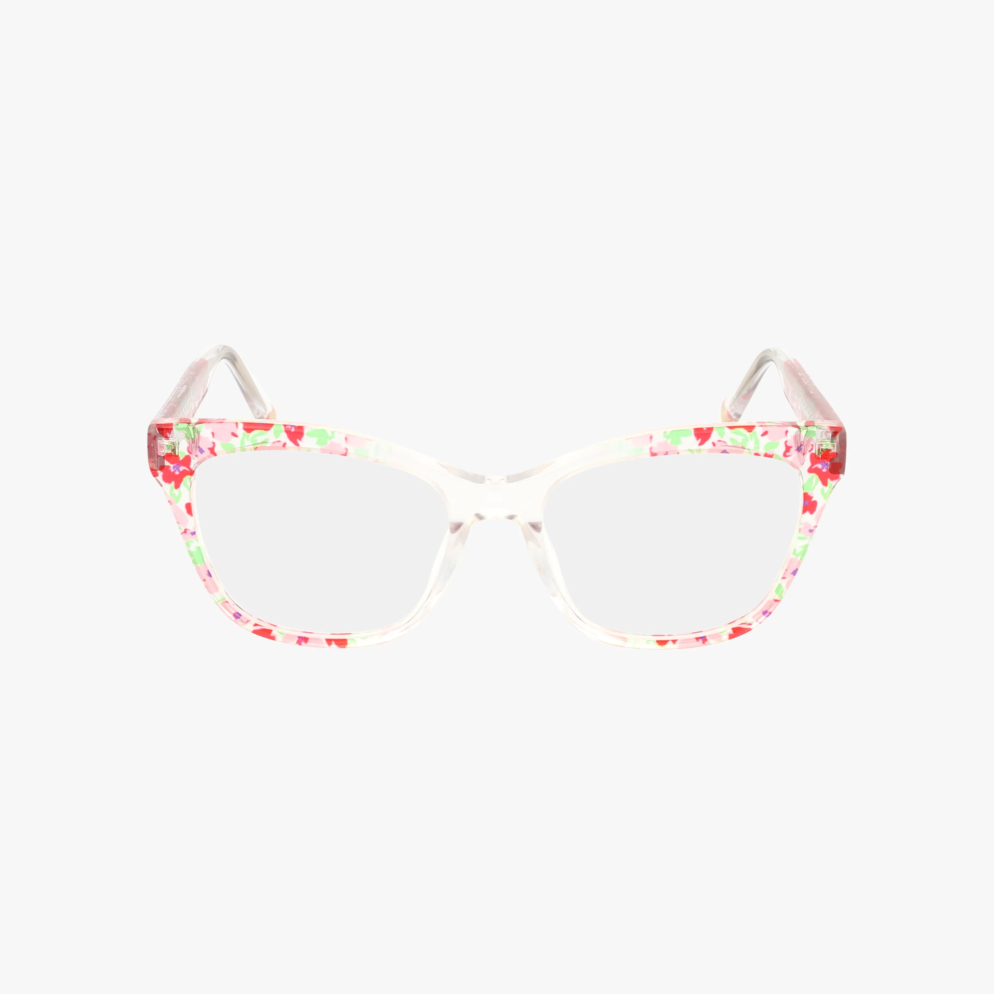 POPPIN clear eyeglasses feature durable frames and vibrant multicolored floral patterns on the rims, displayed against a plain white background.