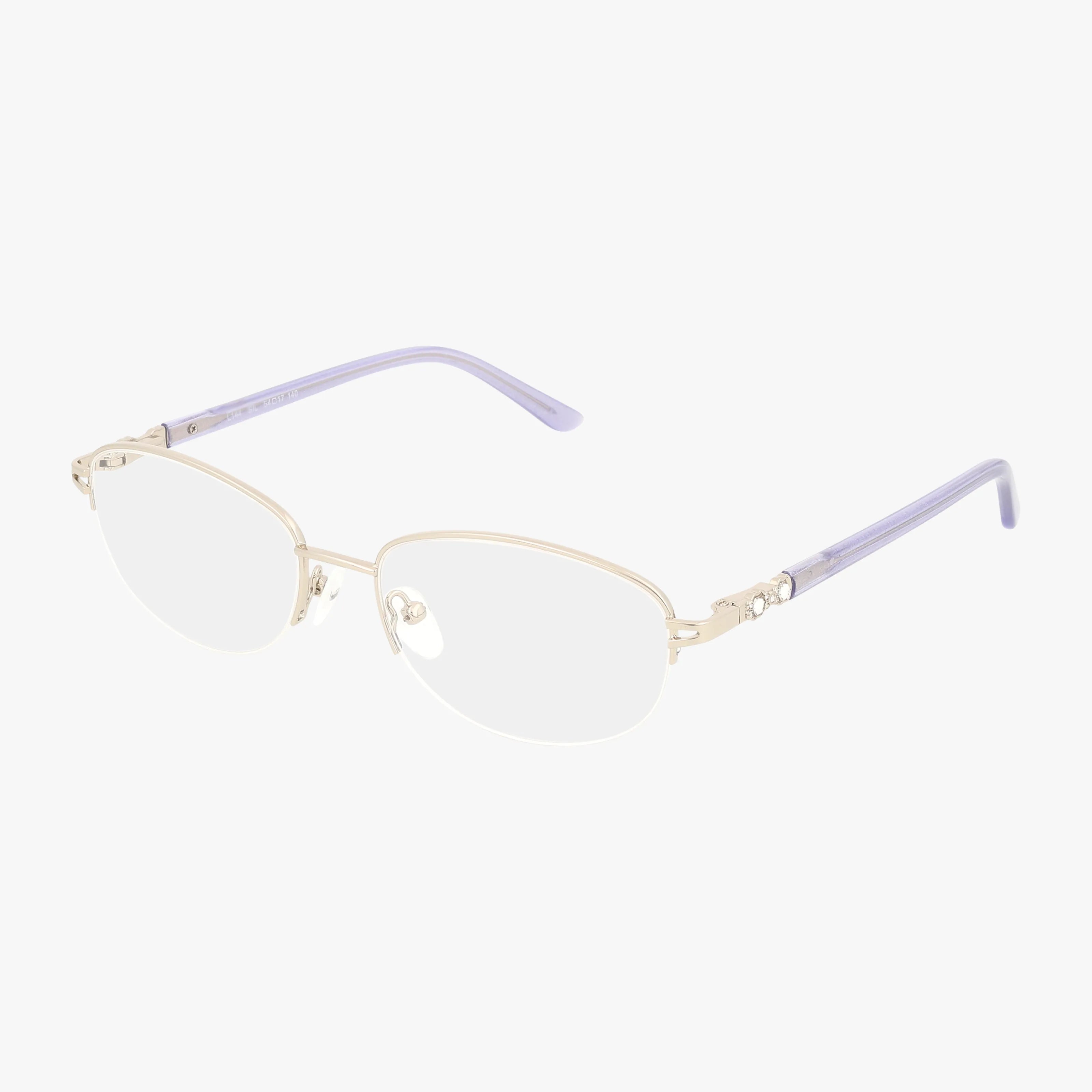 The L144 is a pair of stylish rimless eyeglasses with gold metal frames and light purple temple arms, featuring durable construction and shown on a white background.