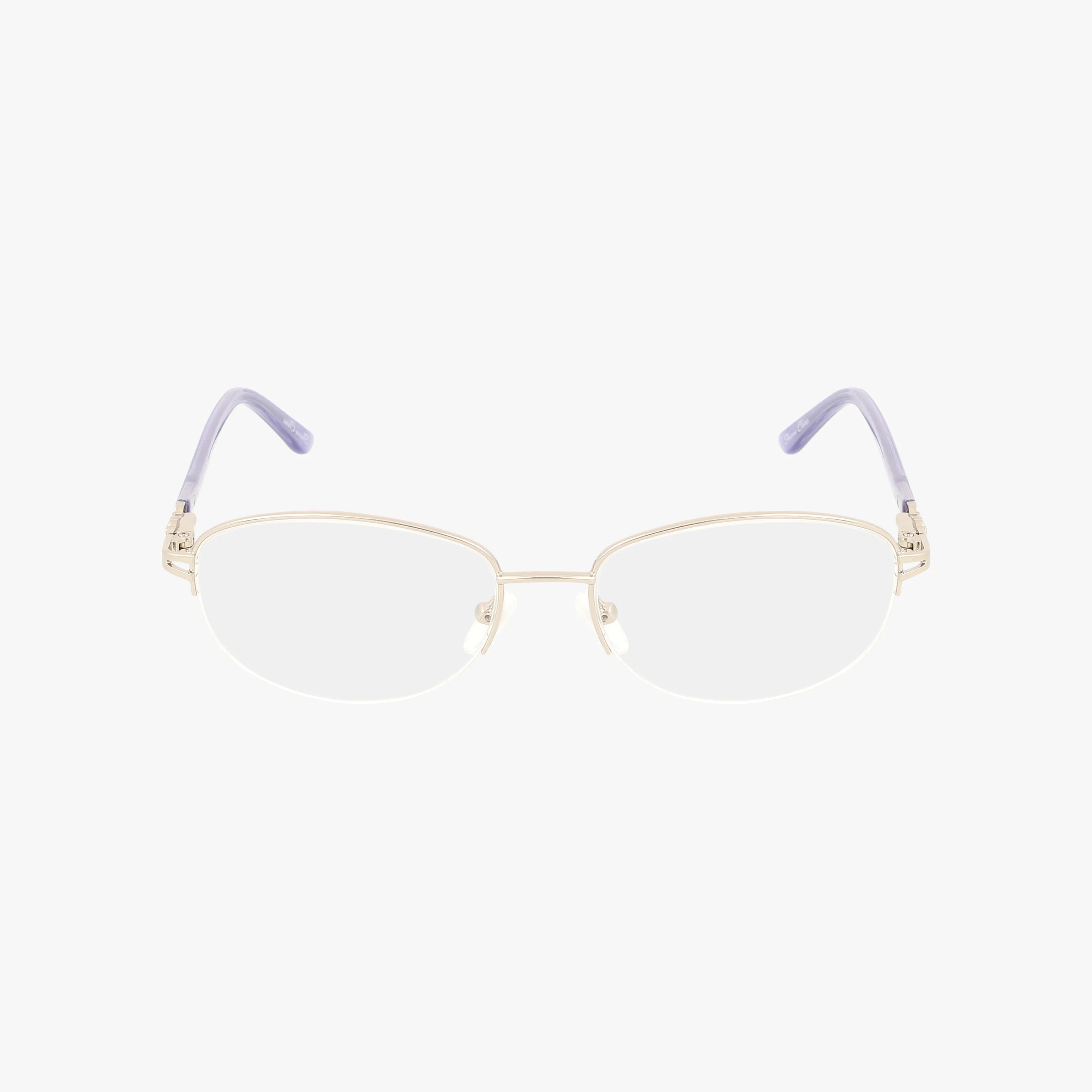 The L144 is a pair of oval, gold-framed eyeglasses with blue light lenses and light purple temple tips, combining style and comfort, displayed on a white background.
