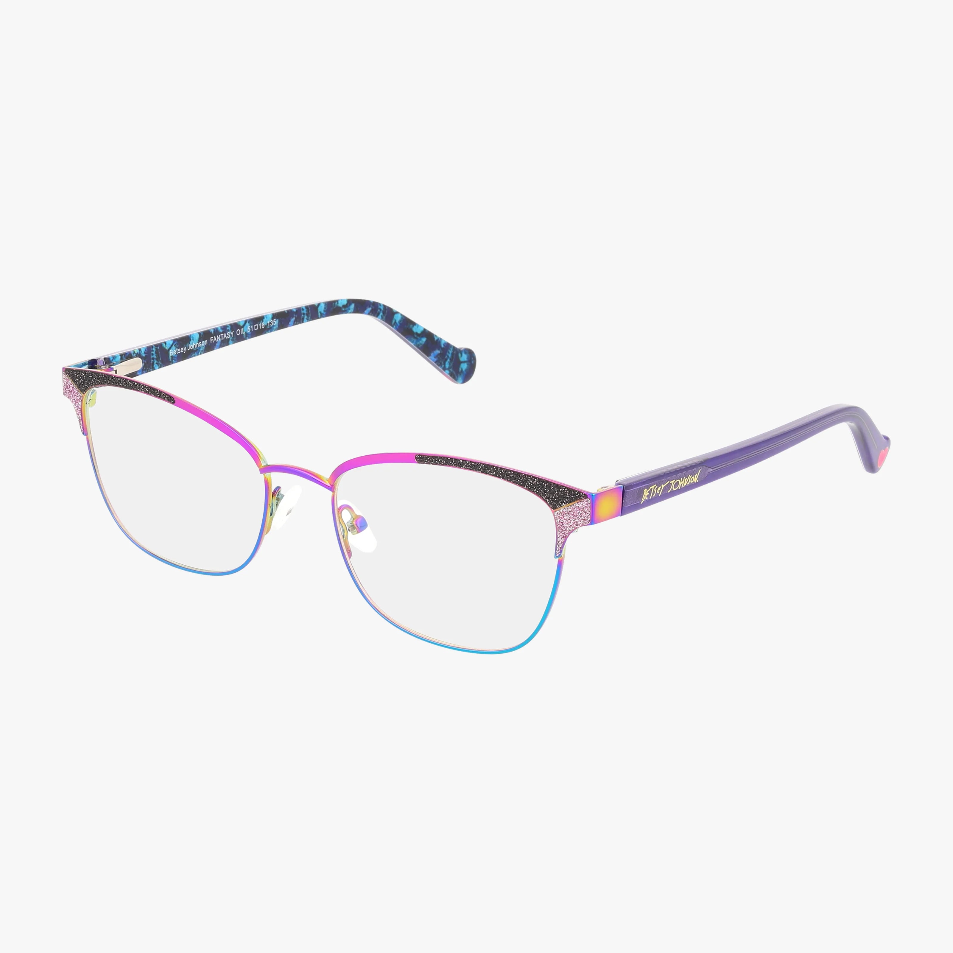 Discover FANTASY: stylish eyeglasses with a modern purple, pink, and blue frame, glittery upper rims, patterned arms, and Kipling logo on the temples. Perfect for shopping online for fashionable eyewear.