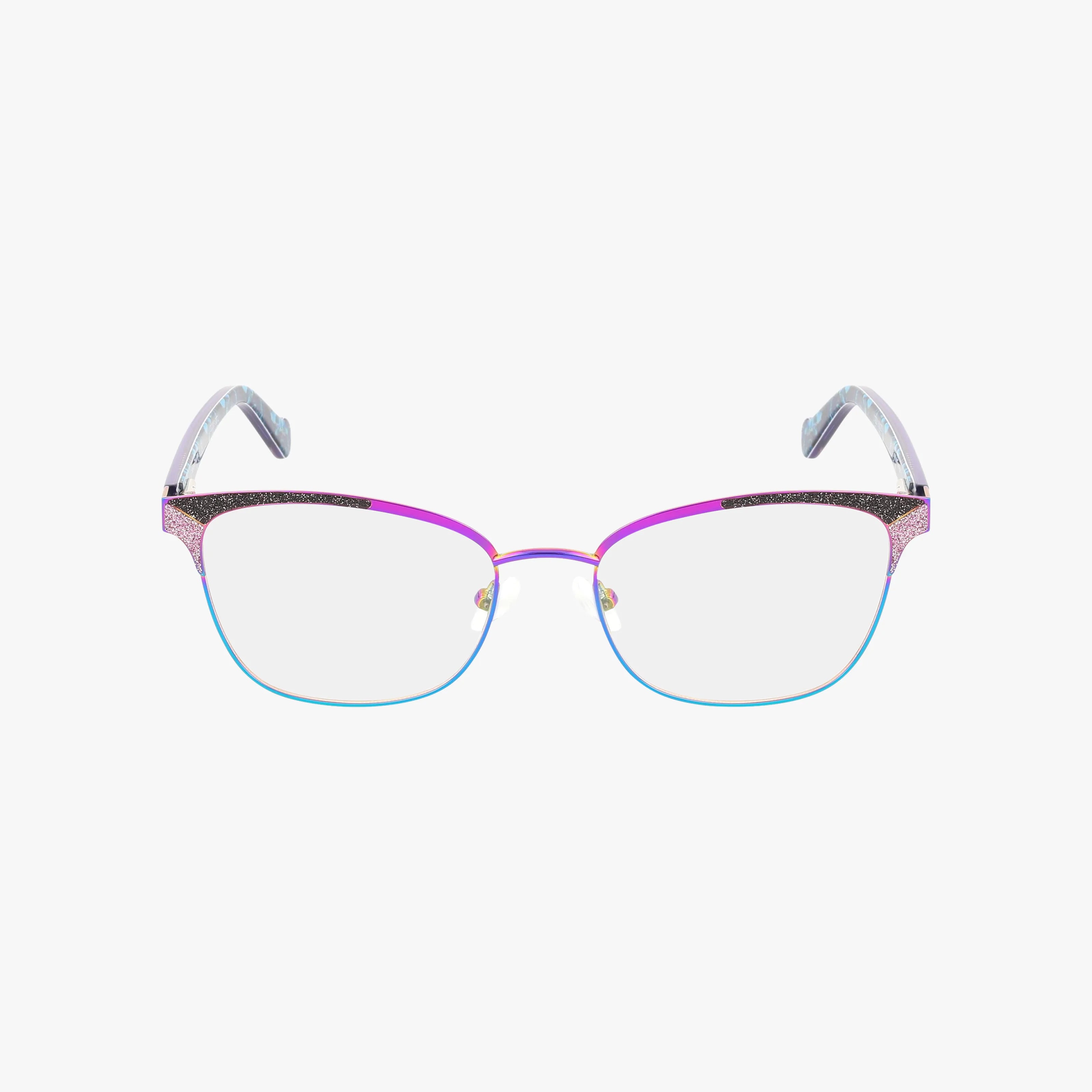 The FANTASY eyeglasses feature a semi-rimless modern frame with glittery black and pink upper rims, purple accents, blue detail on the bottom rim, and transparent arms with dark tips—ideal for online eyewear shopping.