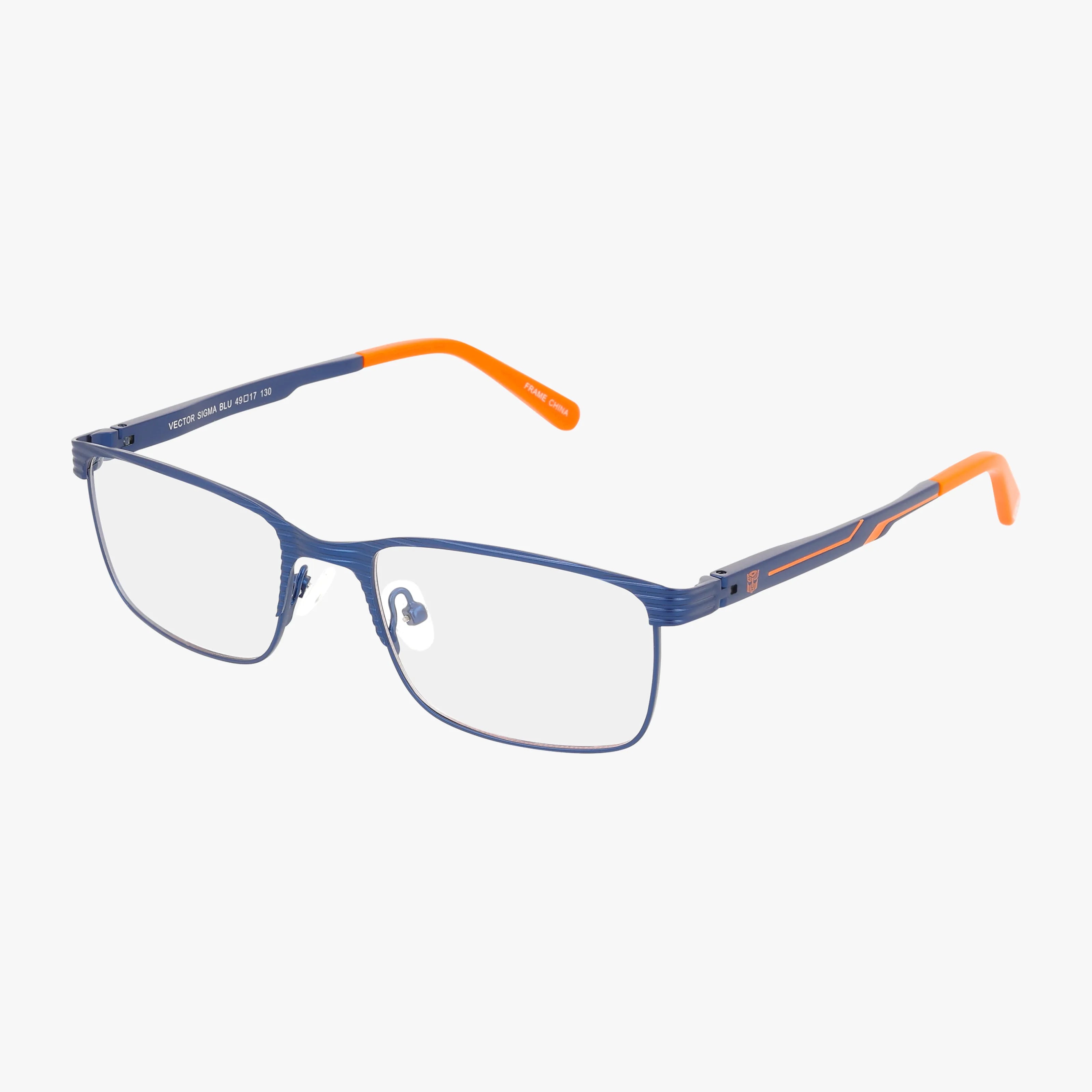 VECTOR SIGMA features rectangular blue metal frames with orange temple tips and accent lines, offering prescription-ready versatility. Displayed against a plain white background.