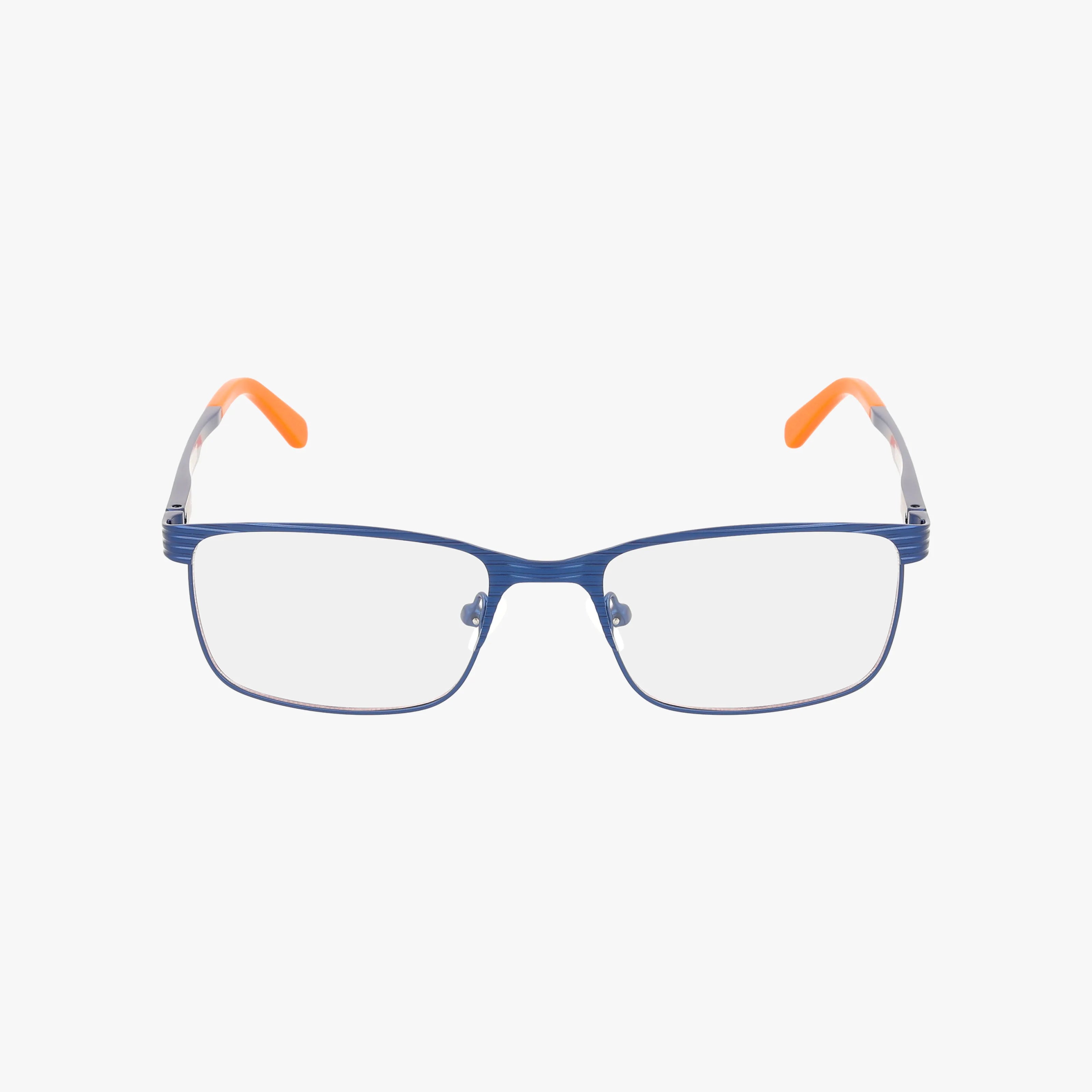 The VECTOR SIGMA features rectangular blue metal frames with clear prescription lenses and orange tips on the temple arms, shown against a white background.