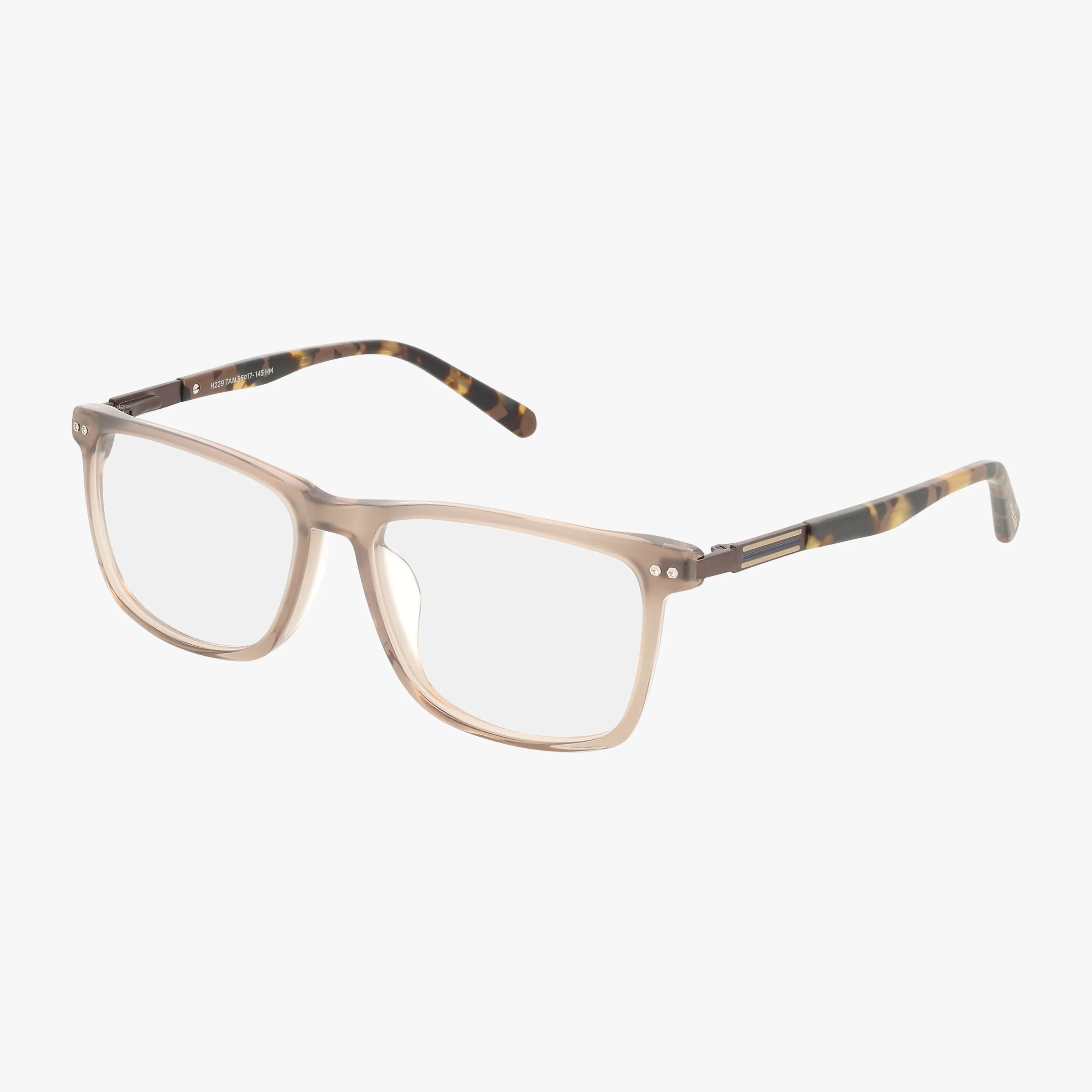 The H229 features clear, light brown rectangular frames with tortoiseshell-patterned arms, offering a versatile style, shown against a white background.
