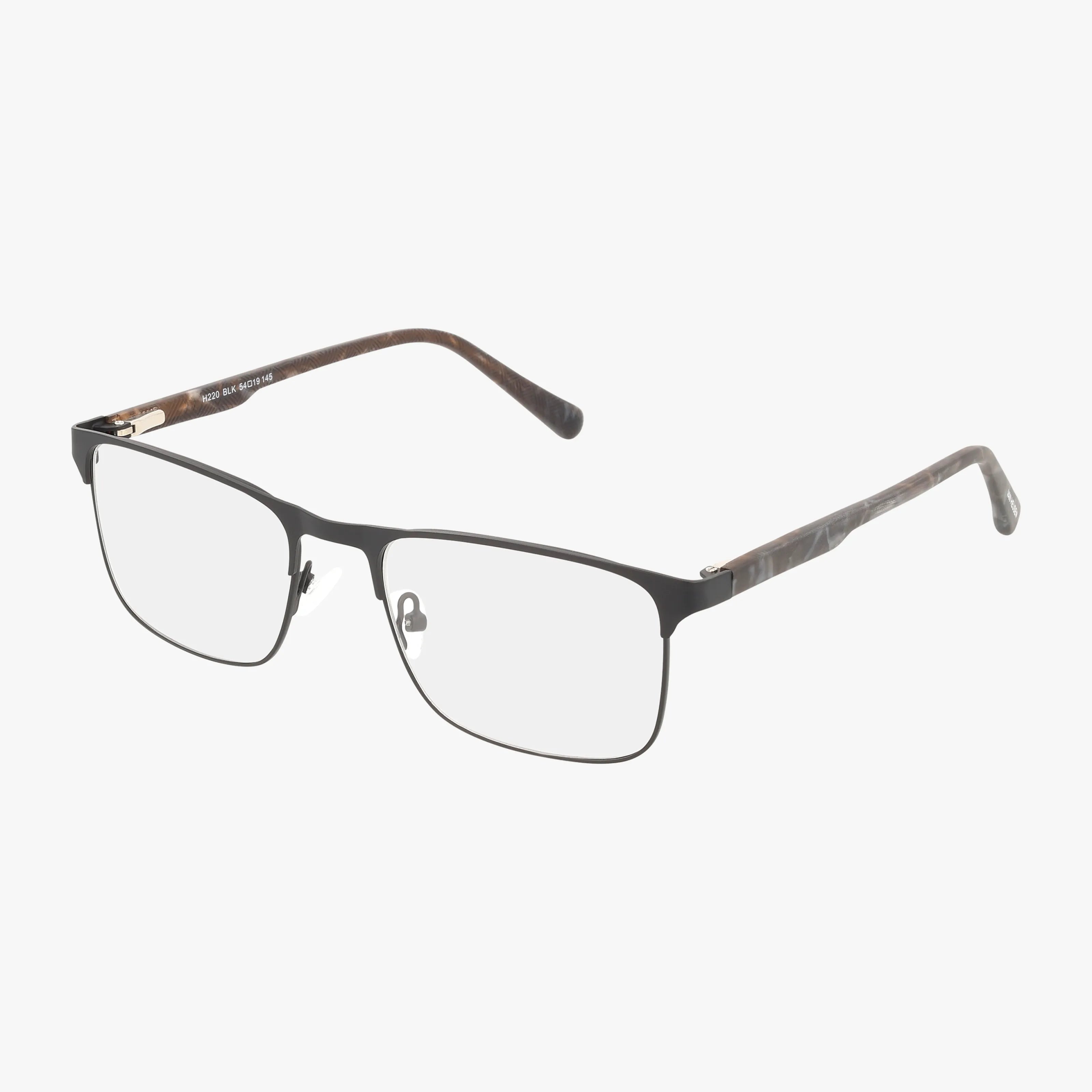 The H220 eyeglasses feature a rectangular shape with thin black metal frames and brown marbled arms, blending style and durability, displayed on a white background.