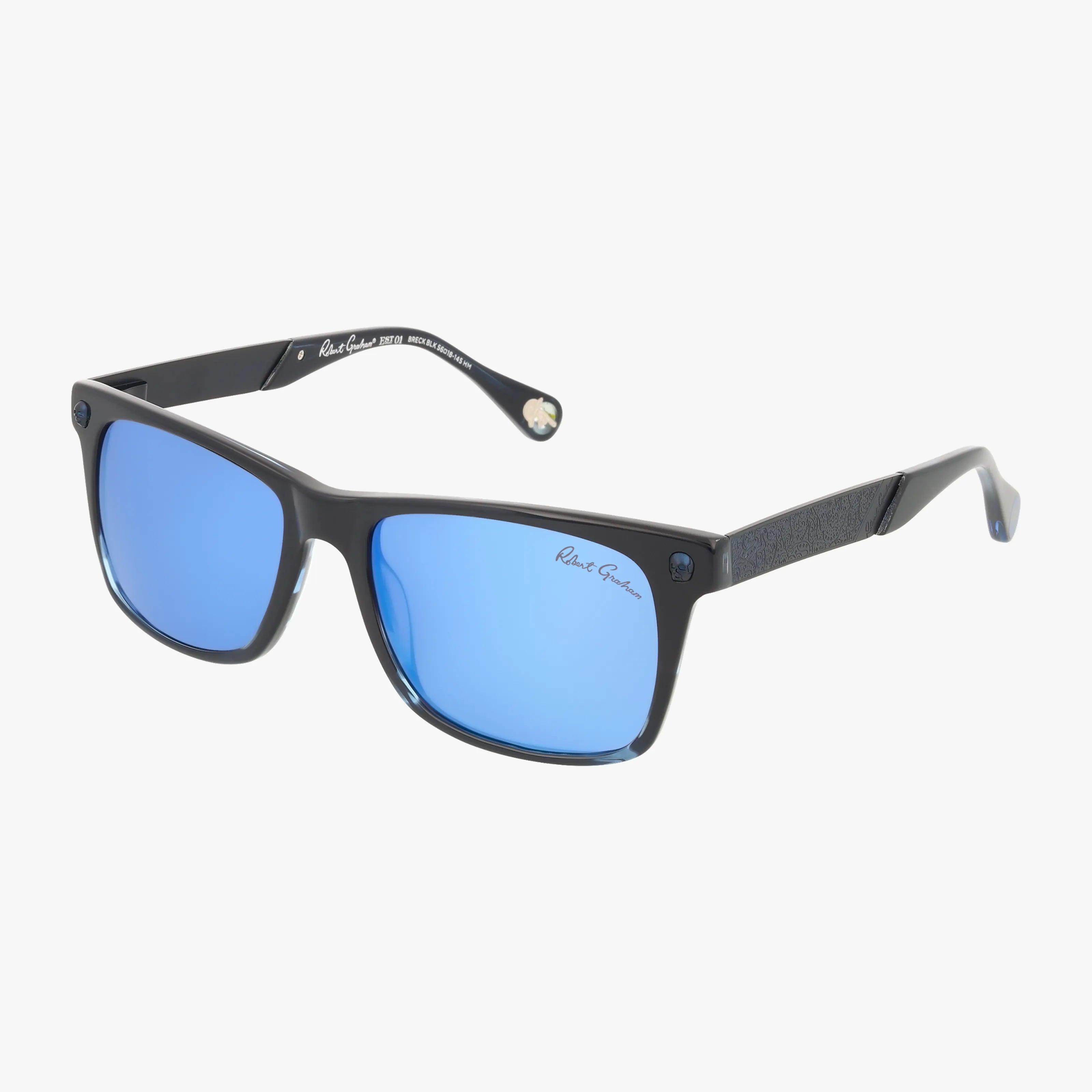 BRECK sunglasses feature a black frame and rectangular blue mirrored lenses for a stylish, durable look. Subtle Paul Smith signatures appear on the lens and temple, while textured black arms complete the design, shown on a white background.