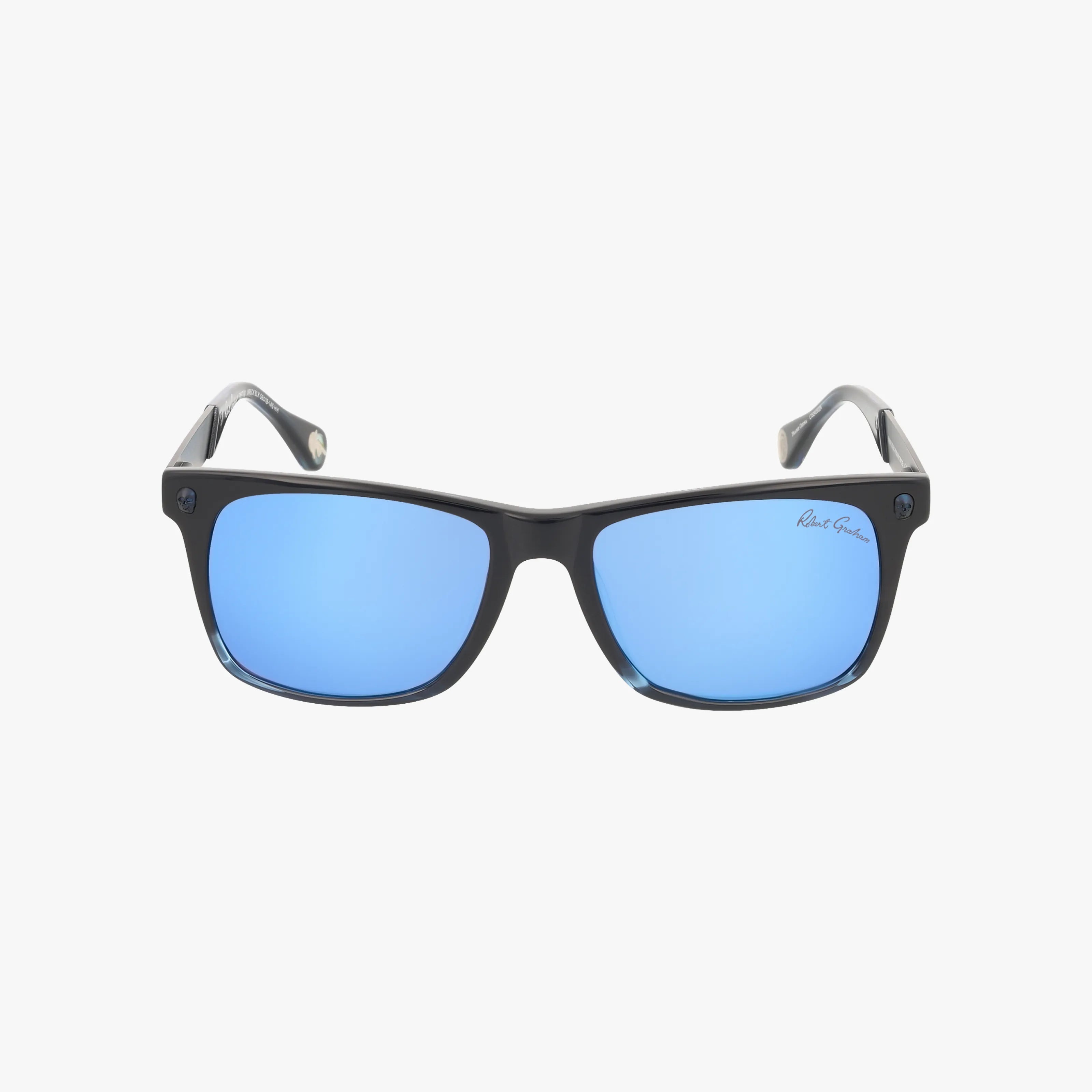 The BRECK sunglasses feature a black rectangular frame, blue mirrored lenses, and subtly curved arms, combining style and strength for a polished look. Displayed against a plain white background.