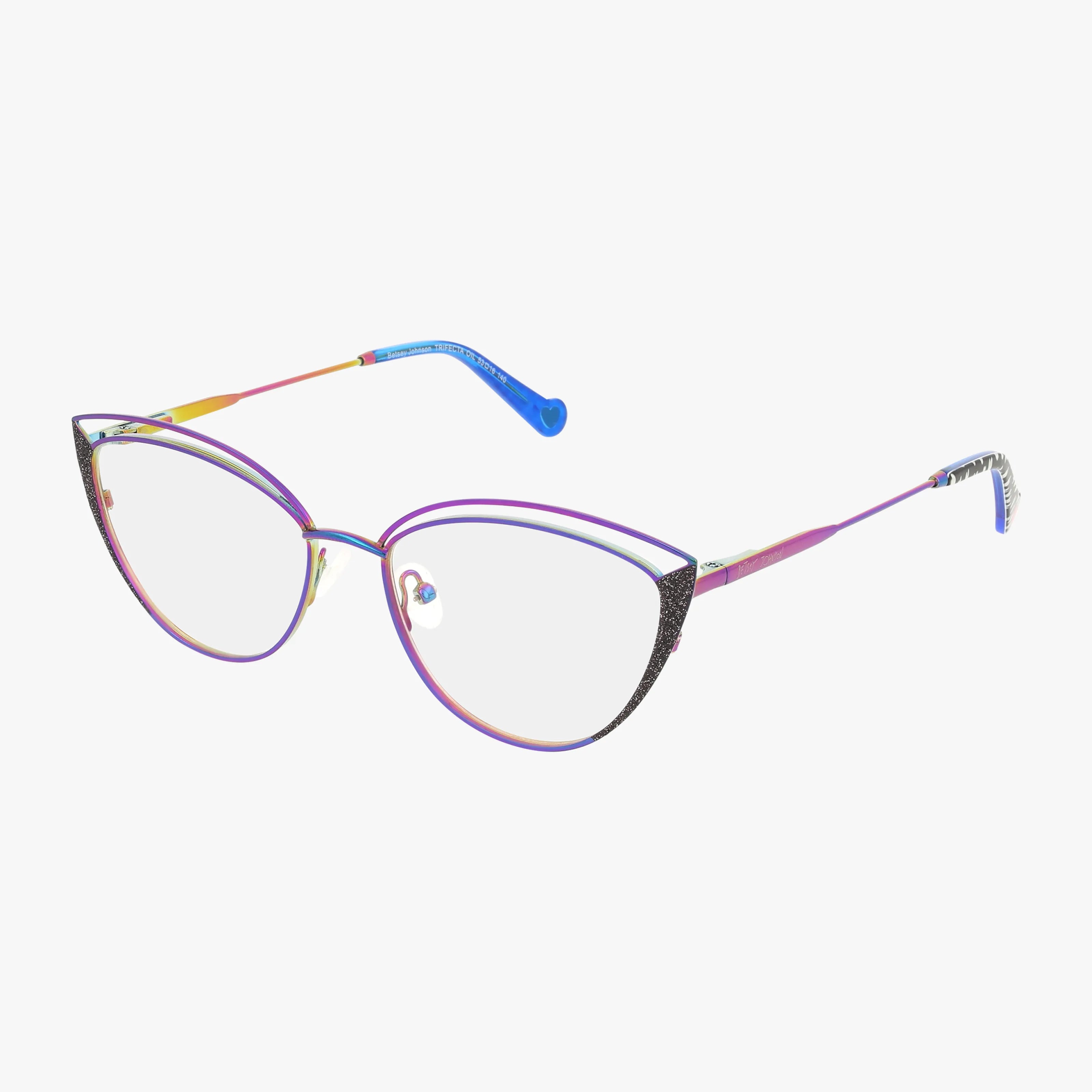 TRIFECTA cat-eye eyeglasses feature an iridescent purple-and-pink metal cat-eye frame, black textured corner accents, adjustable nose pads, thin multicolored arms with blue tips, and are prescription lens compatible.
