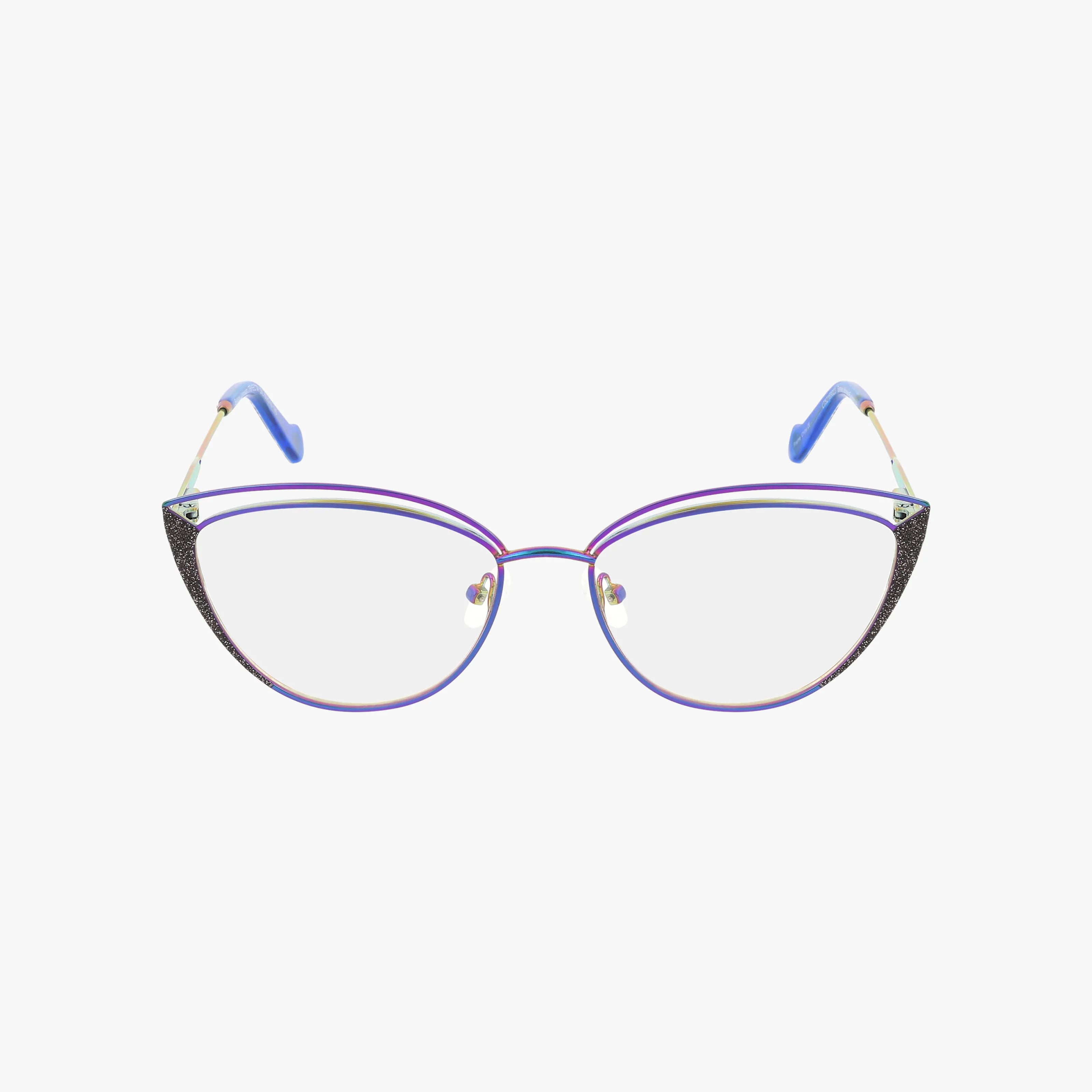Front view of TRIFECTA cat-eye glasses by Betsey Johnson, featuring a purple metal frame, black textured upper rims, prescription lenses, and blue temple tips, set against a white background.