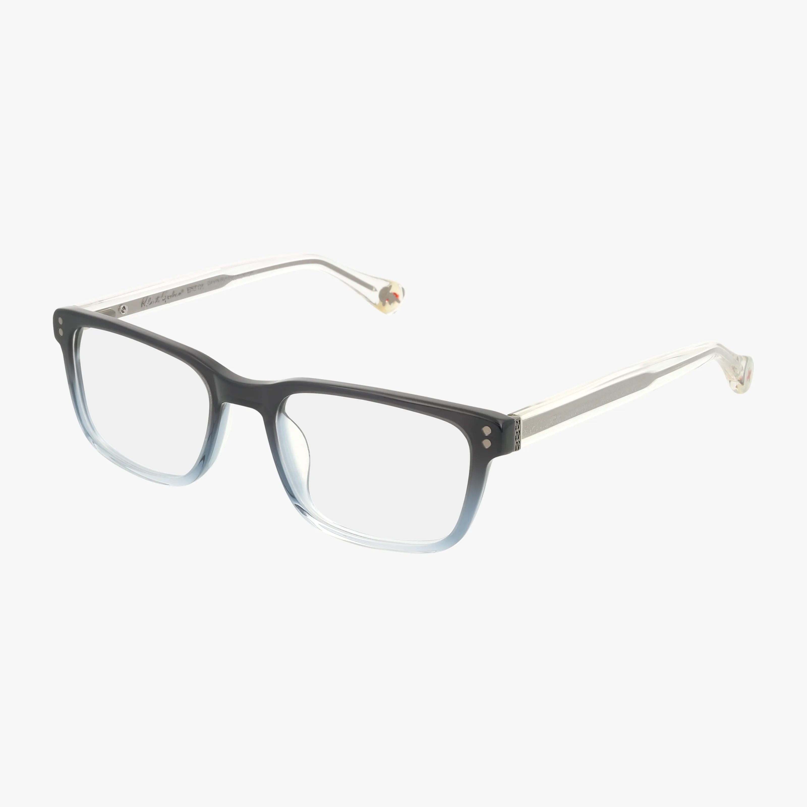 The DAVIN eyewear frames feature a rectangular shape with a sleek black-to-clear two-tone fade front and transparent, slightly angled arms. Displayed on a plain white background.