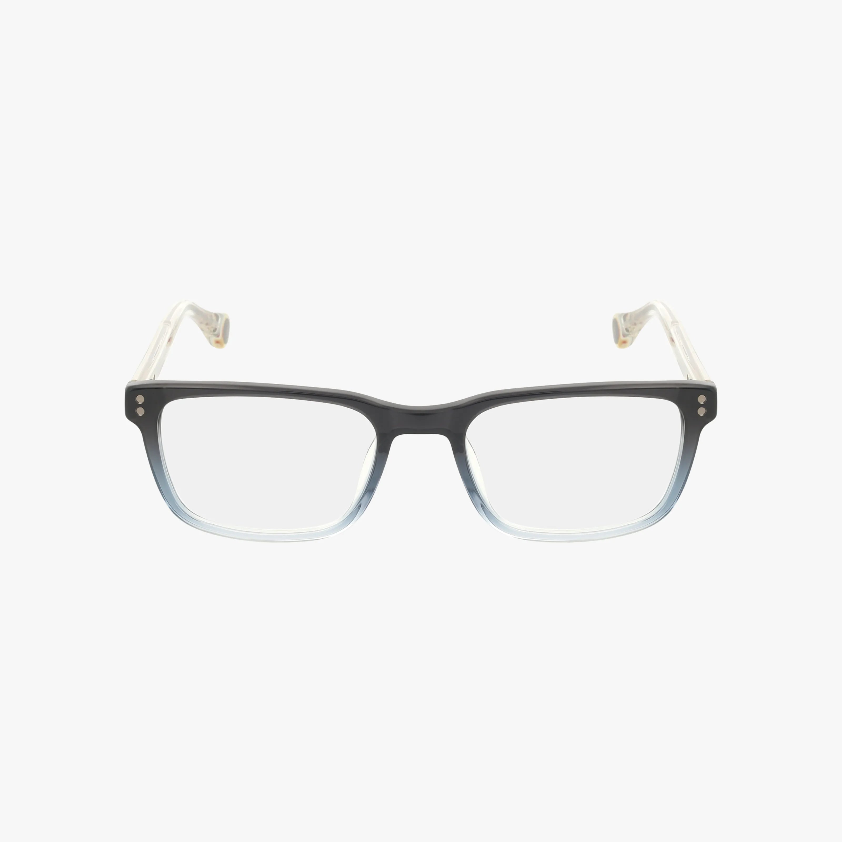The DAVIN rectangular eyeglasses feature a stylish two-tone fade and transparent temples, showcased against a plain white background.