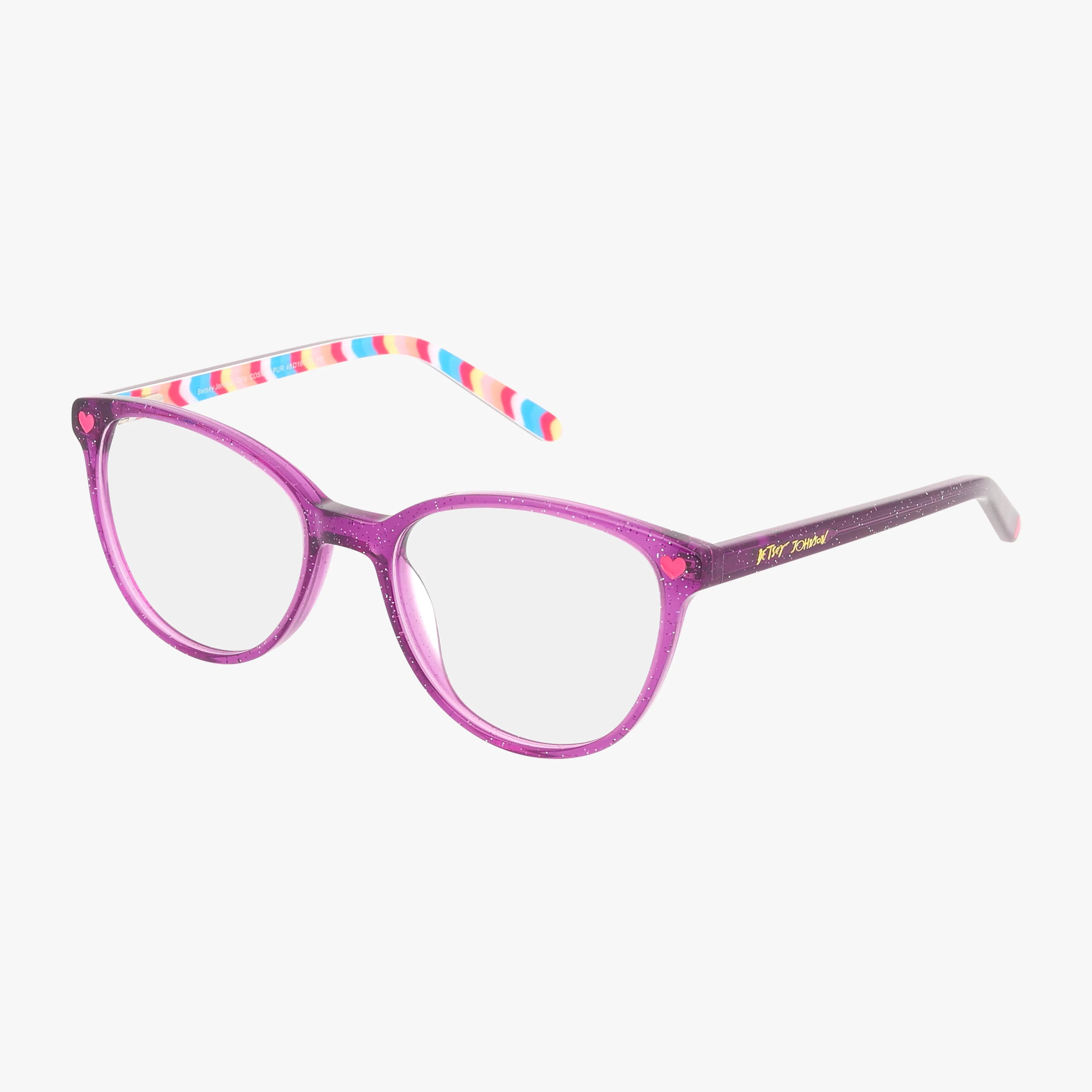 COSMIC eyeglasses feature purple glittery frames with transparent lenses, a heart detail, and one temple arm adorned with pink, blue, and white stripes for a modern look that adds playful charm to any outfit.