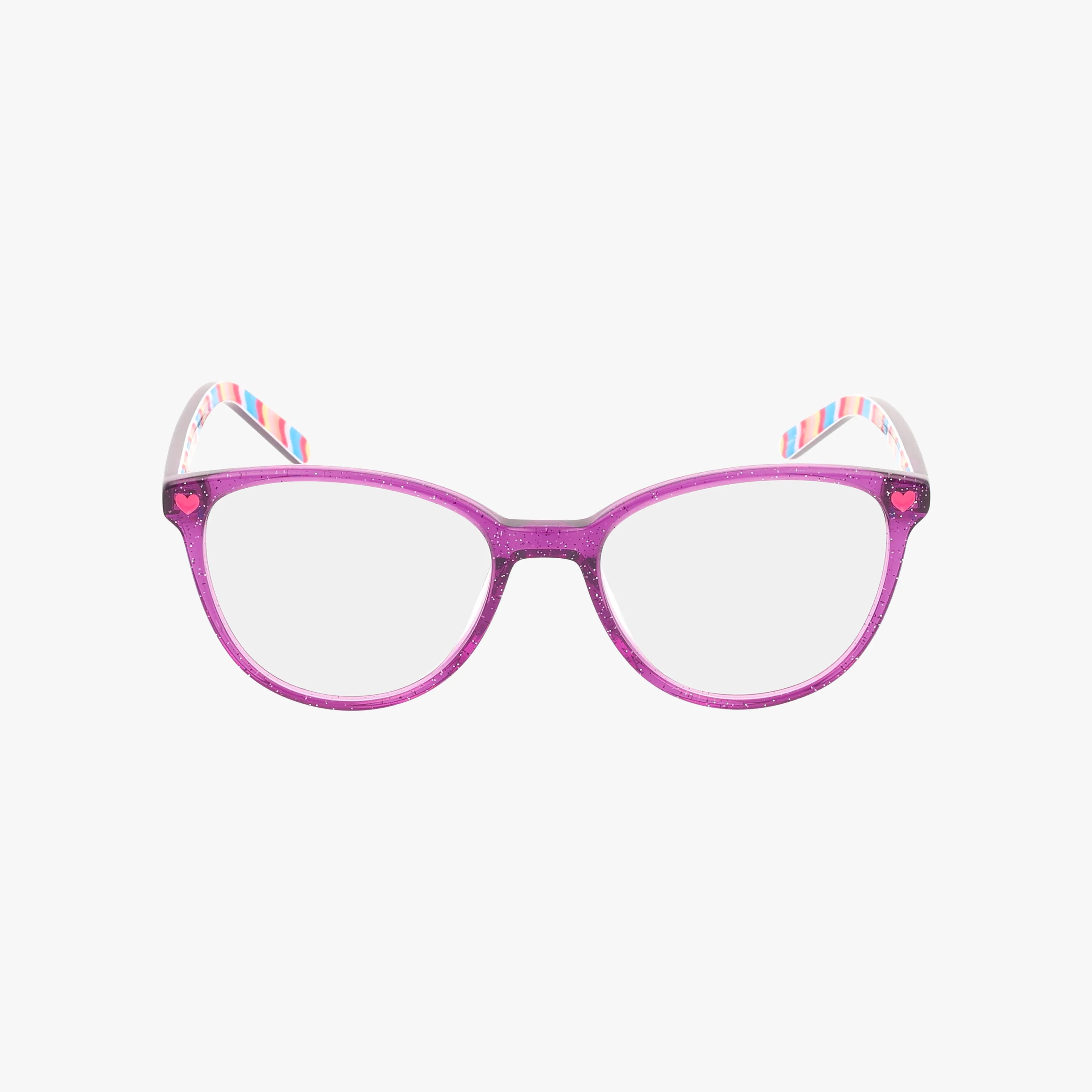 COSMIC eyeglasses feature a resilient purple glittery frame with heart details on the corners and colorful striped temple arms in a contemporary design, displayed against a plain white background.